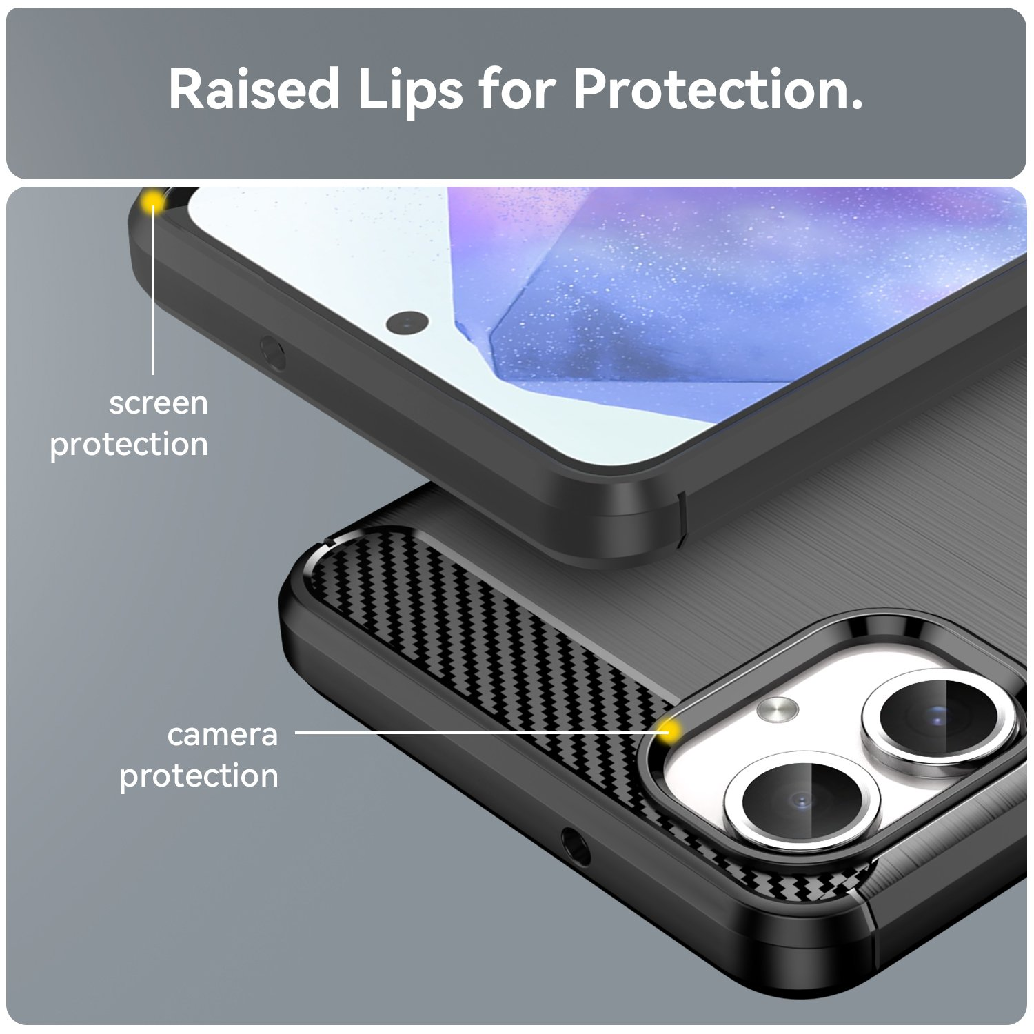 Primer plano de una funda de teléfono con bordes elevados. Se destaca la protección de la pantalla y la cámara.