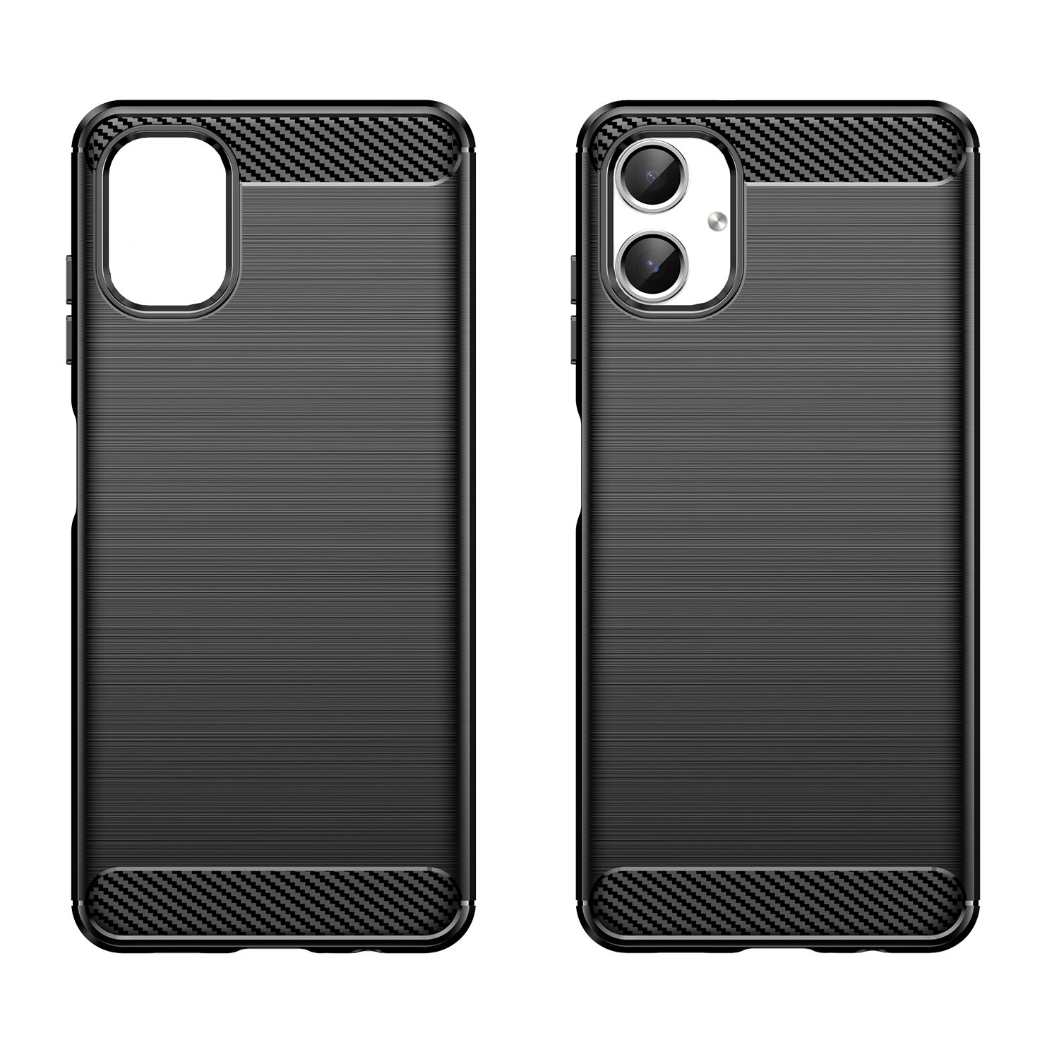 Dos fundas negras para teléfono con un patrón de fibra de carbono en la parte superior e inferior.