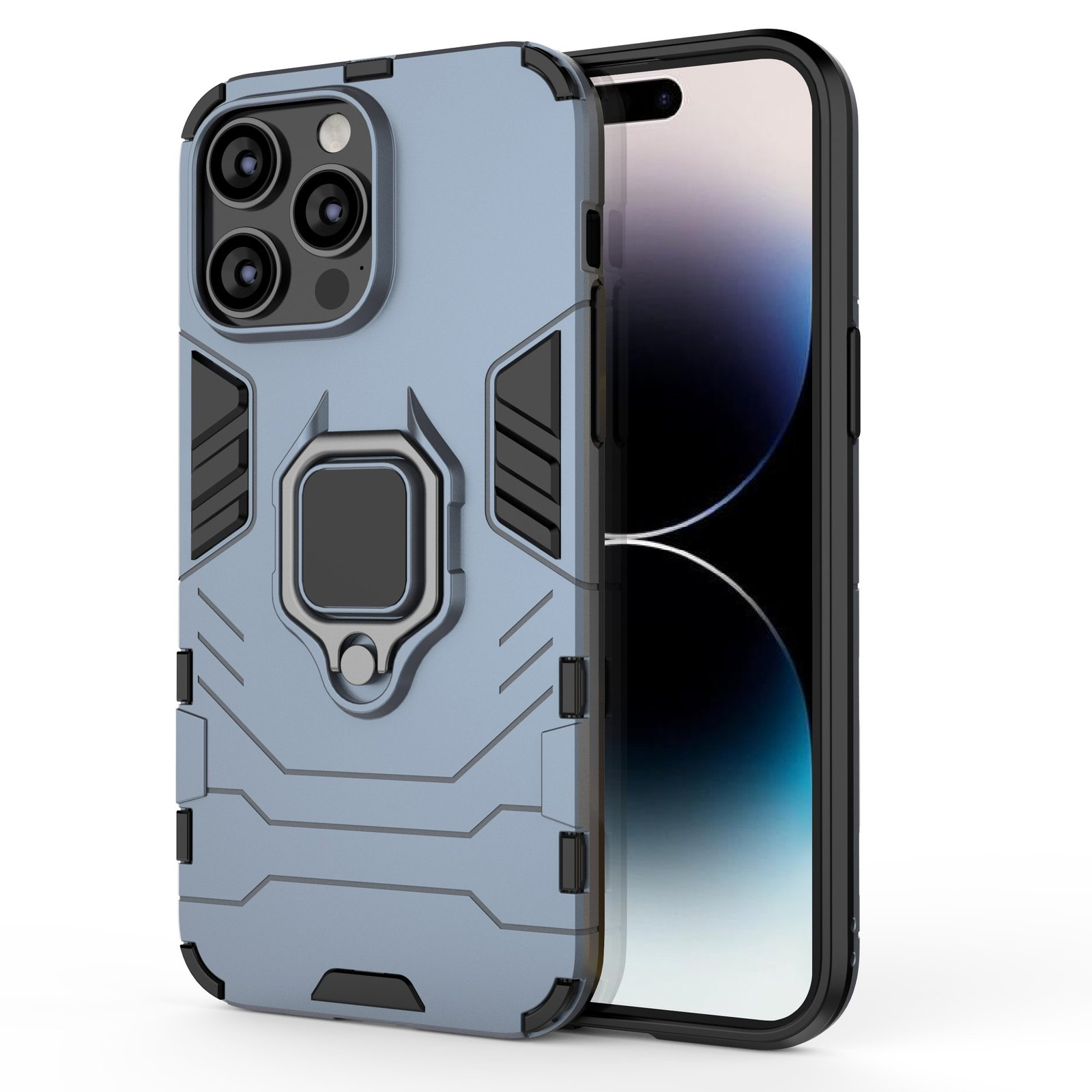Una funda azul para teléfono con un soporte de anillo. La pantalla del teléfono es visible. El teléfono está sobre un fondo blanco.