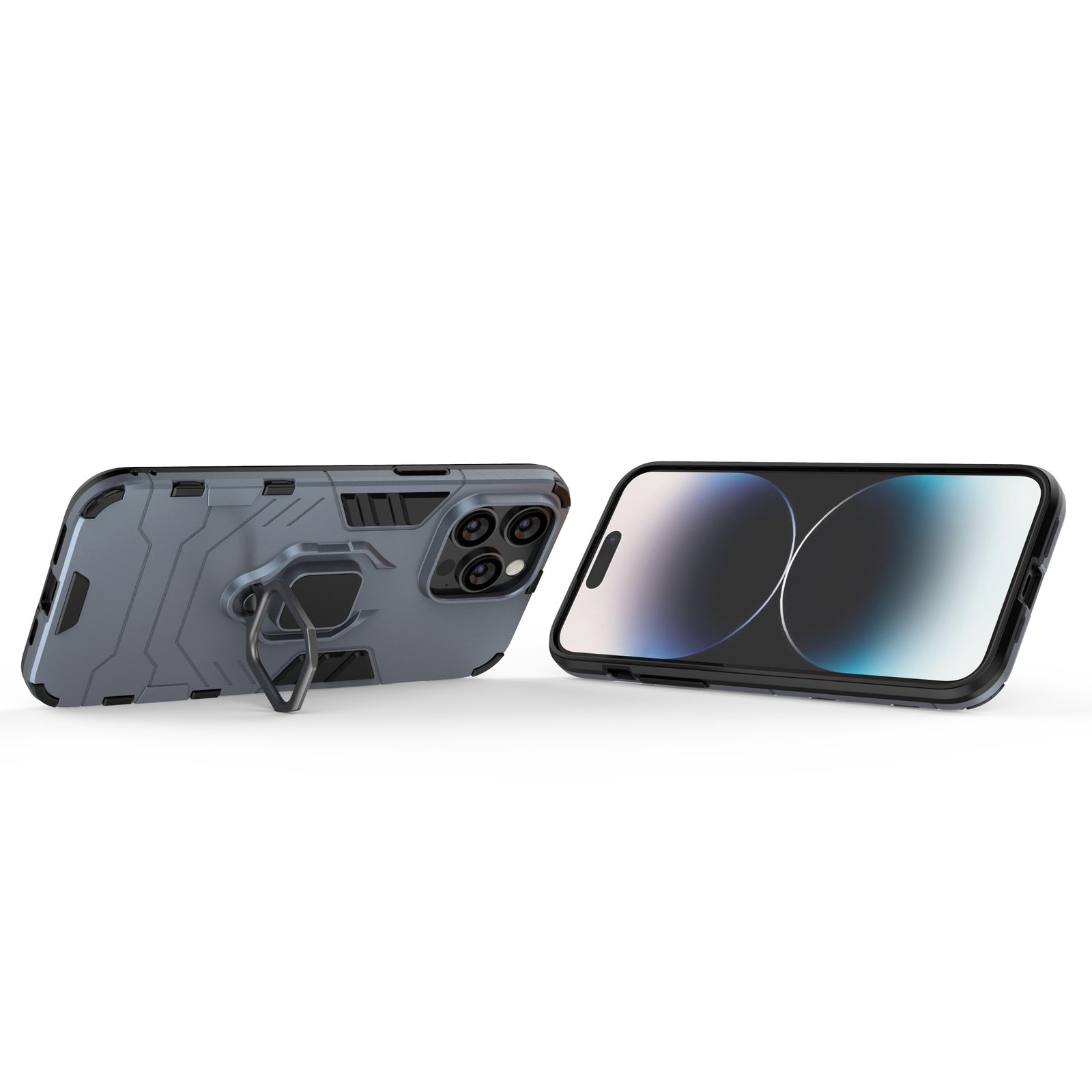 Funda gris para teléfono con soporte de anillo. También se muestra un teléfono con pantalla negra. Fondo blanco.