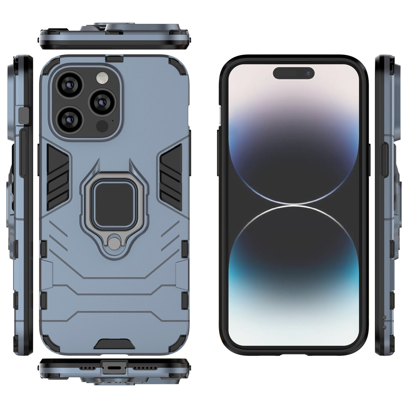 Funda azul con múltiples lentes de cámara y teléfono con pantalla negra.