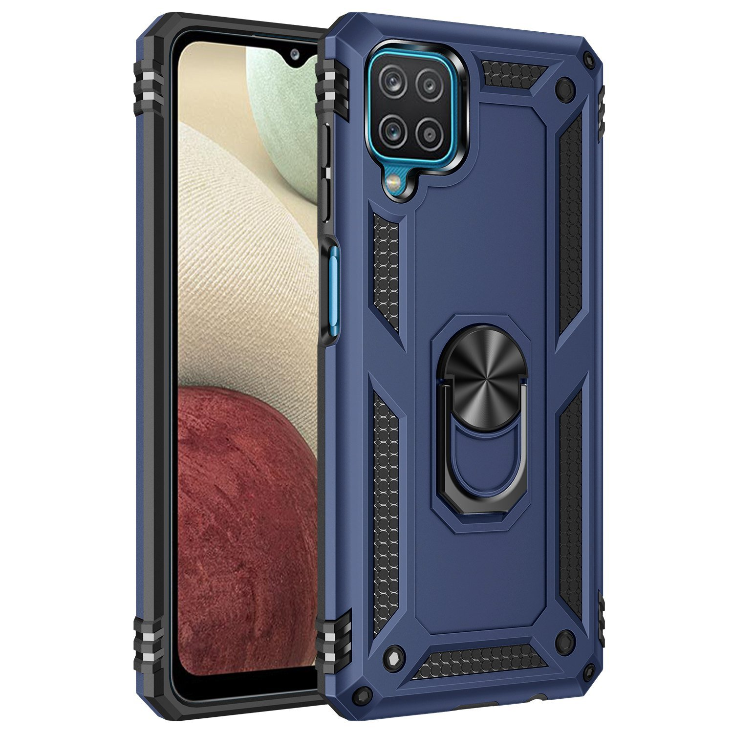 Funda azul oscuro con anillo. El teléfono muestra una imagen.