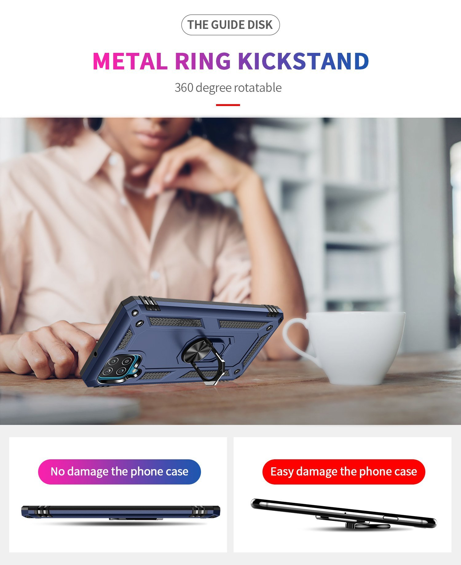 Se muestra una funda para teléfono con soporte de anillo. El texto dice: 'SOPORTE DE ANILLO METÁLICO'. Está soportando el teléfono.