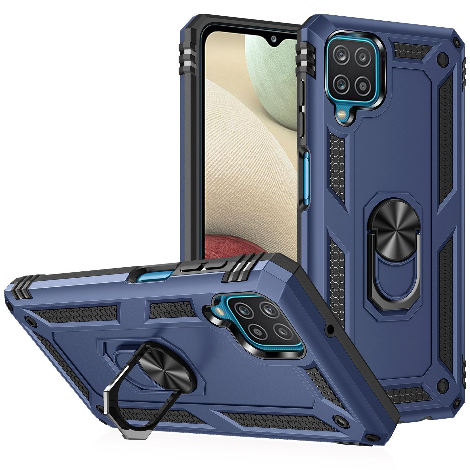 Fundas azules para teléfonos con detalles negros, soportes de anillo y teléfonos con pantallas coloridas.