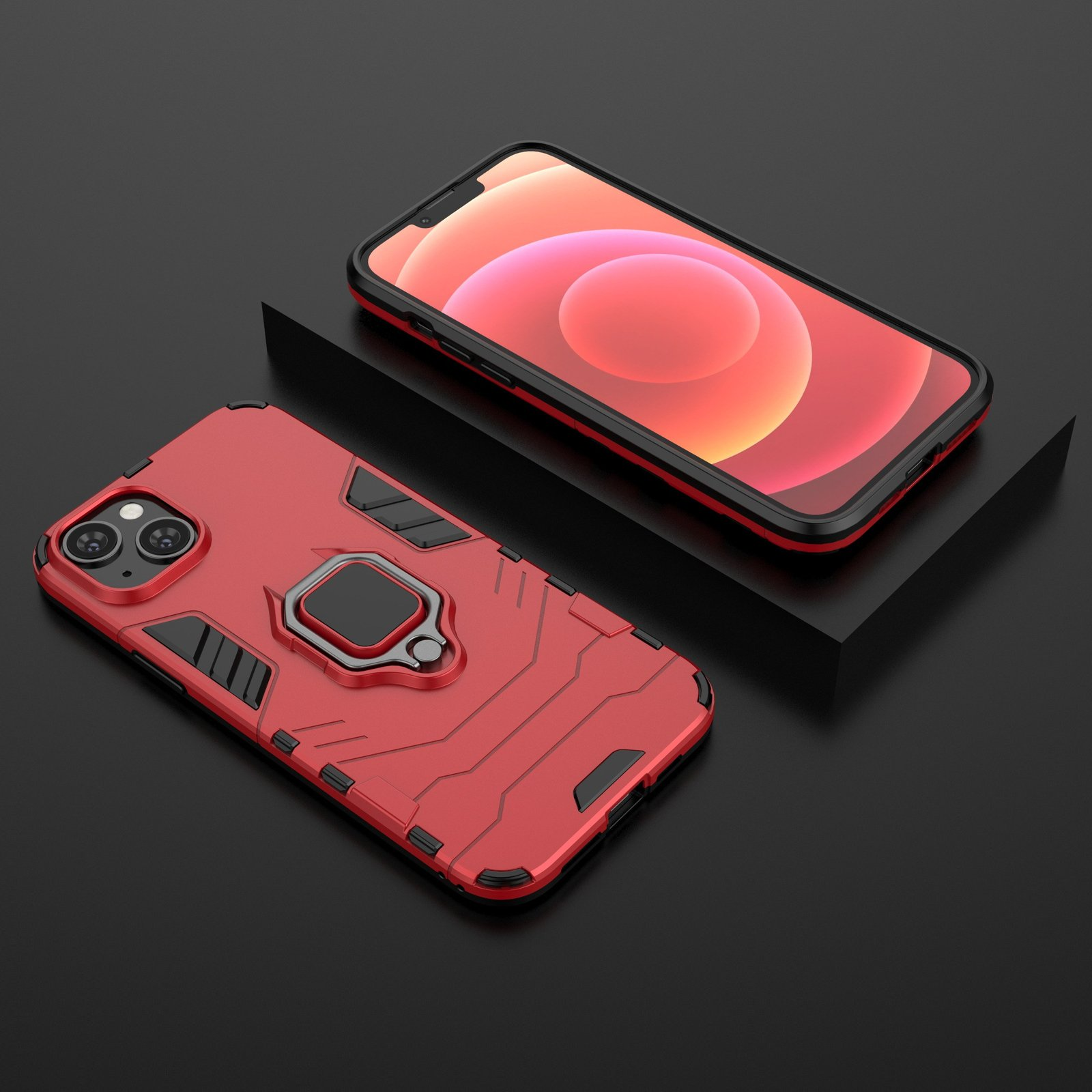 Funda y teléfono rojos sobre una superficie negra. Fondo negro. La funda tiene un soporte para anillo.