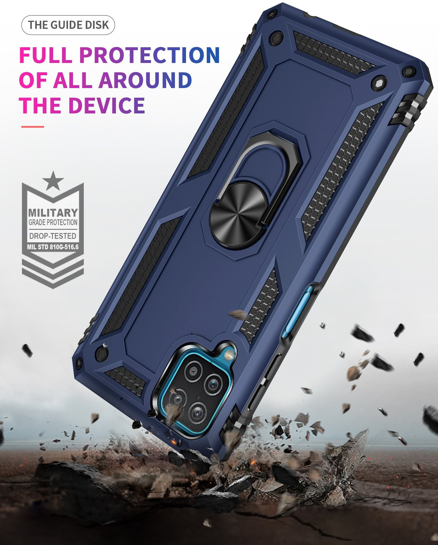 Funda de teléfono azul con anillo y texto. Escombros alrededor del teléfono. El texto indica protección total.