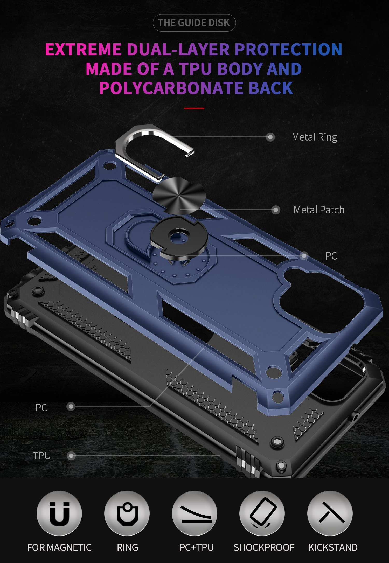 Diagrama de una funda de teléfono que muestra capas: cuerpo de TPU, respaldo de PC, anillo de metal, parche de metal.