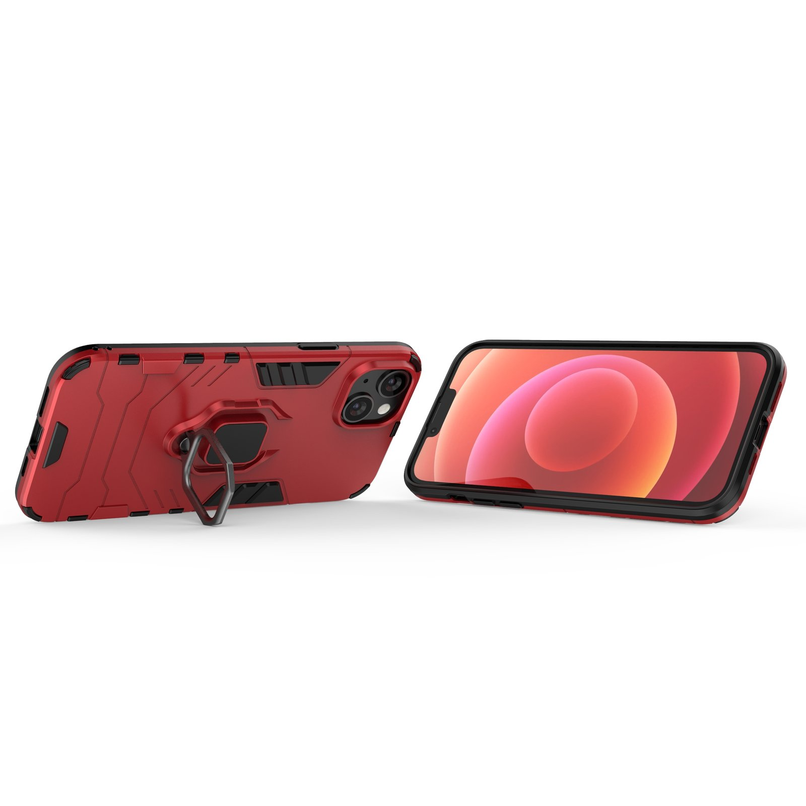 Dos fundas para teléfono. Una es roja con un soporte de anillo. La otra es un teléfono con un fondo rojo.