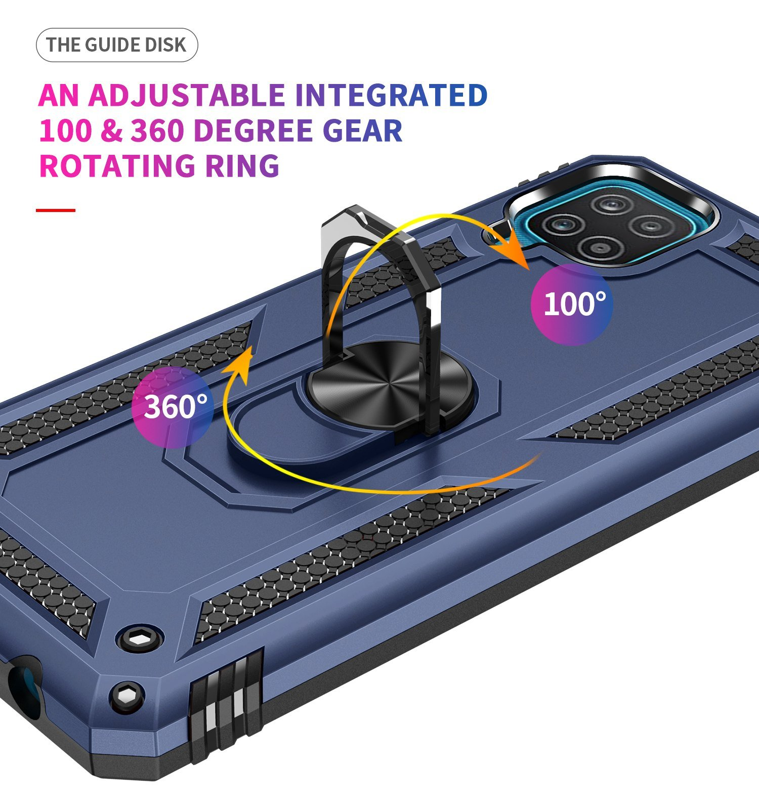 Funda de teléfono con anillo giratorio, azul grisáceo, con marcas de 100 y 360 grados.