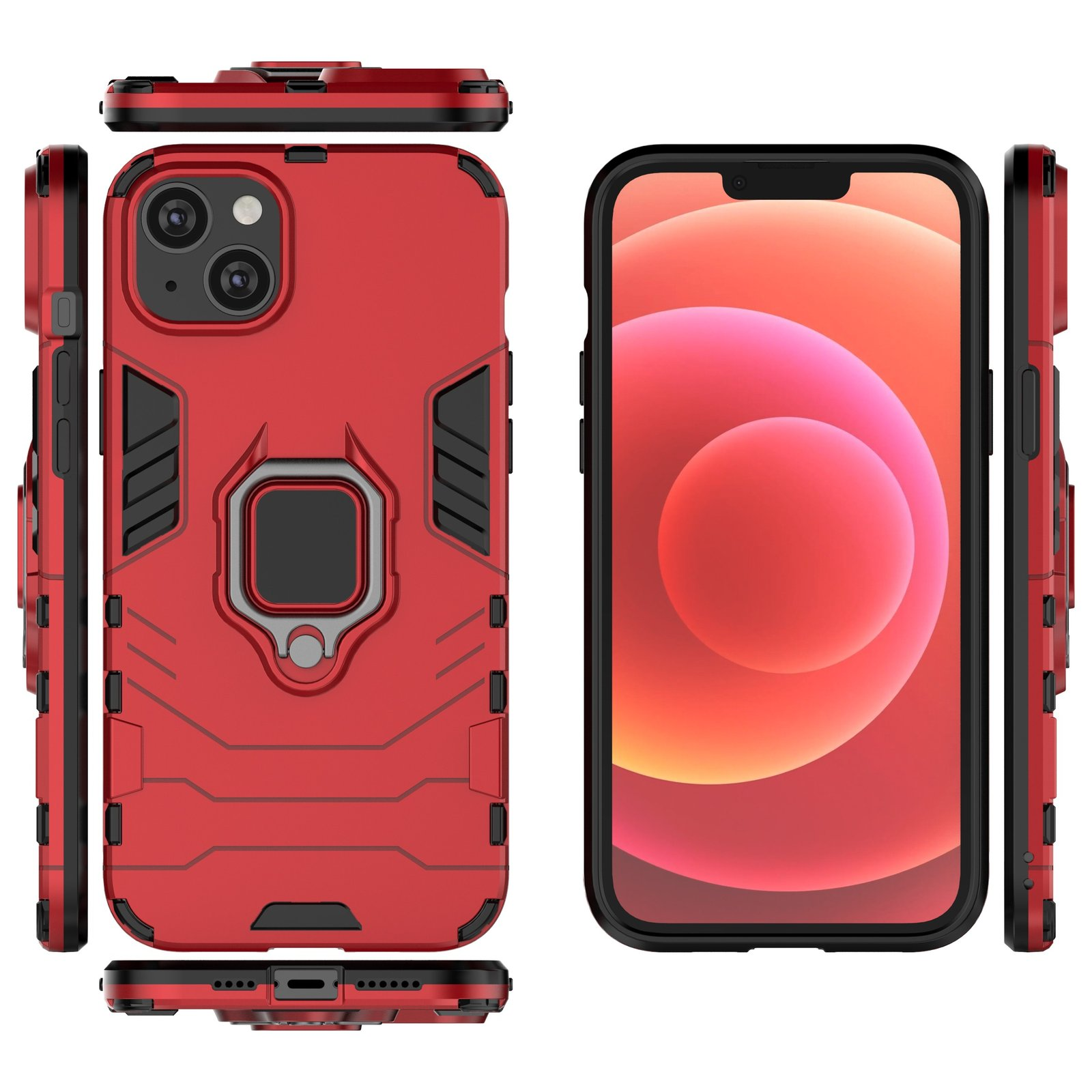 Funda de teléfono roja con teléfono dentro, vistas lateral y frontal. Fondo blanco.