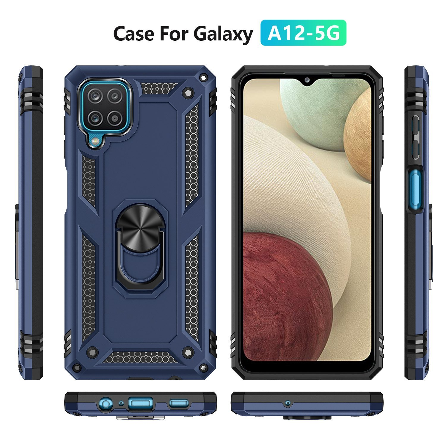 Funda azul y un teléfono que muestra un fondo multicolor, con texto: Case For Galaxy A12-5G.