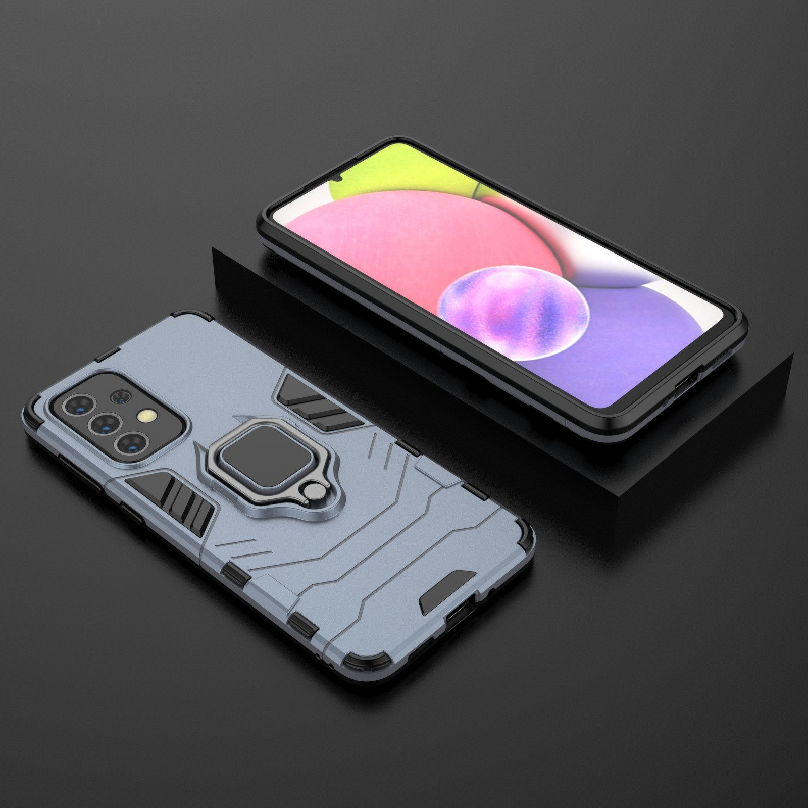 Fundas para teléfono con diseño azul y soporte de anillo. Dos fundas sobre superficie oscura, con teléfono.