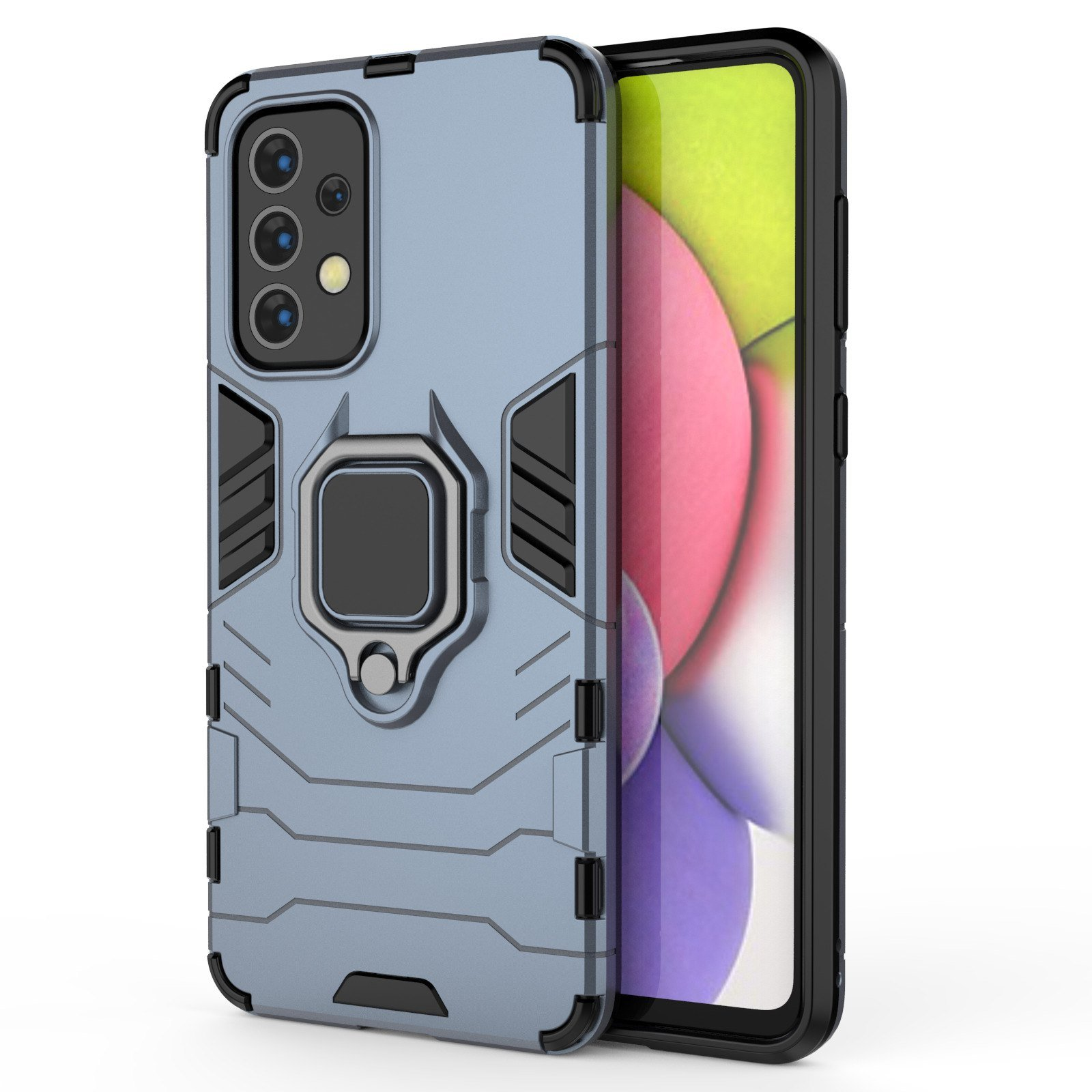 Funda azul para teléfono con soporte de anillo y un teléfono. Fondo blanco.
