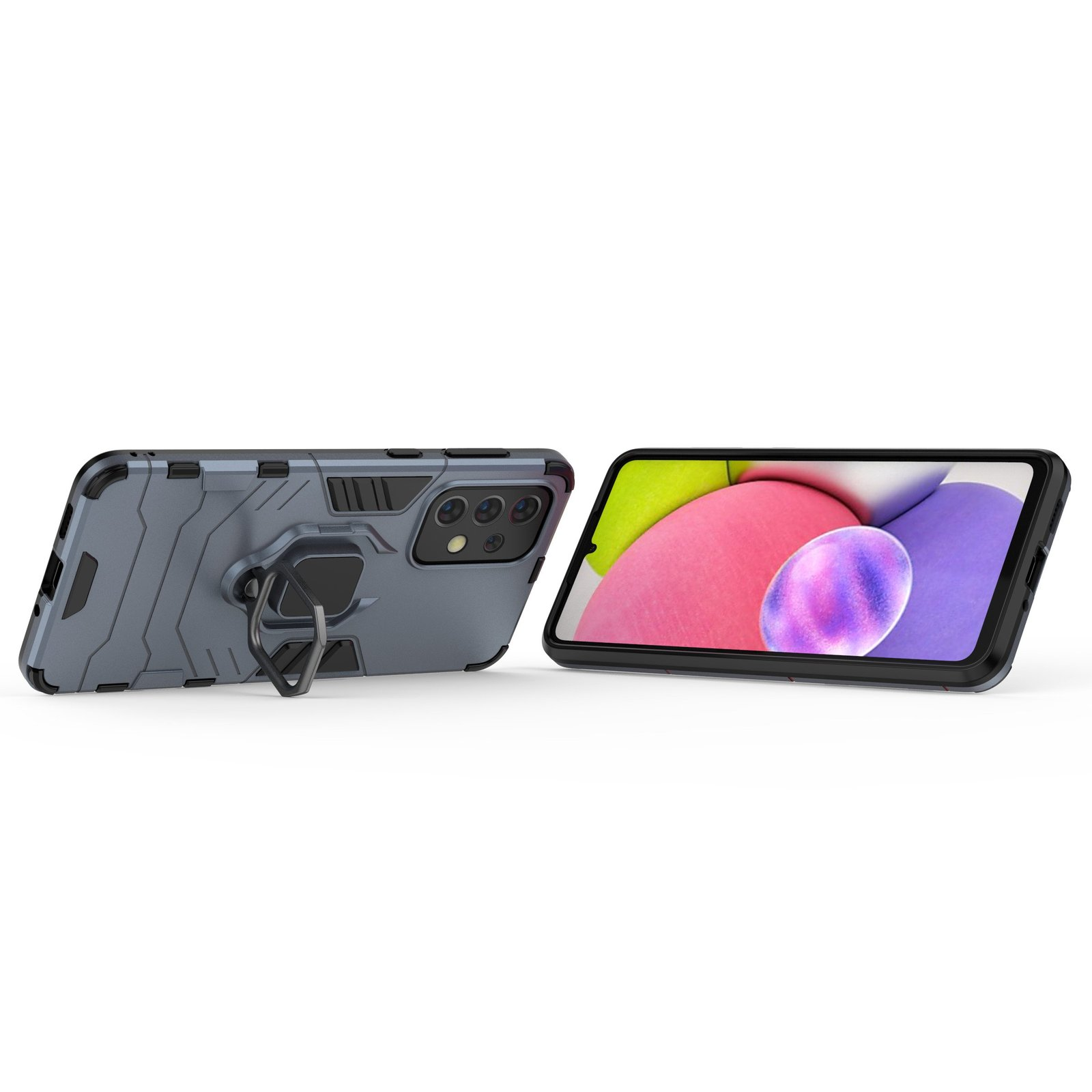 Dos teléfonos con fundas grises. Uno con el anillo afuera, el otro mostrando la pantalla.