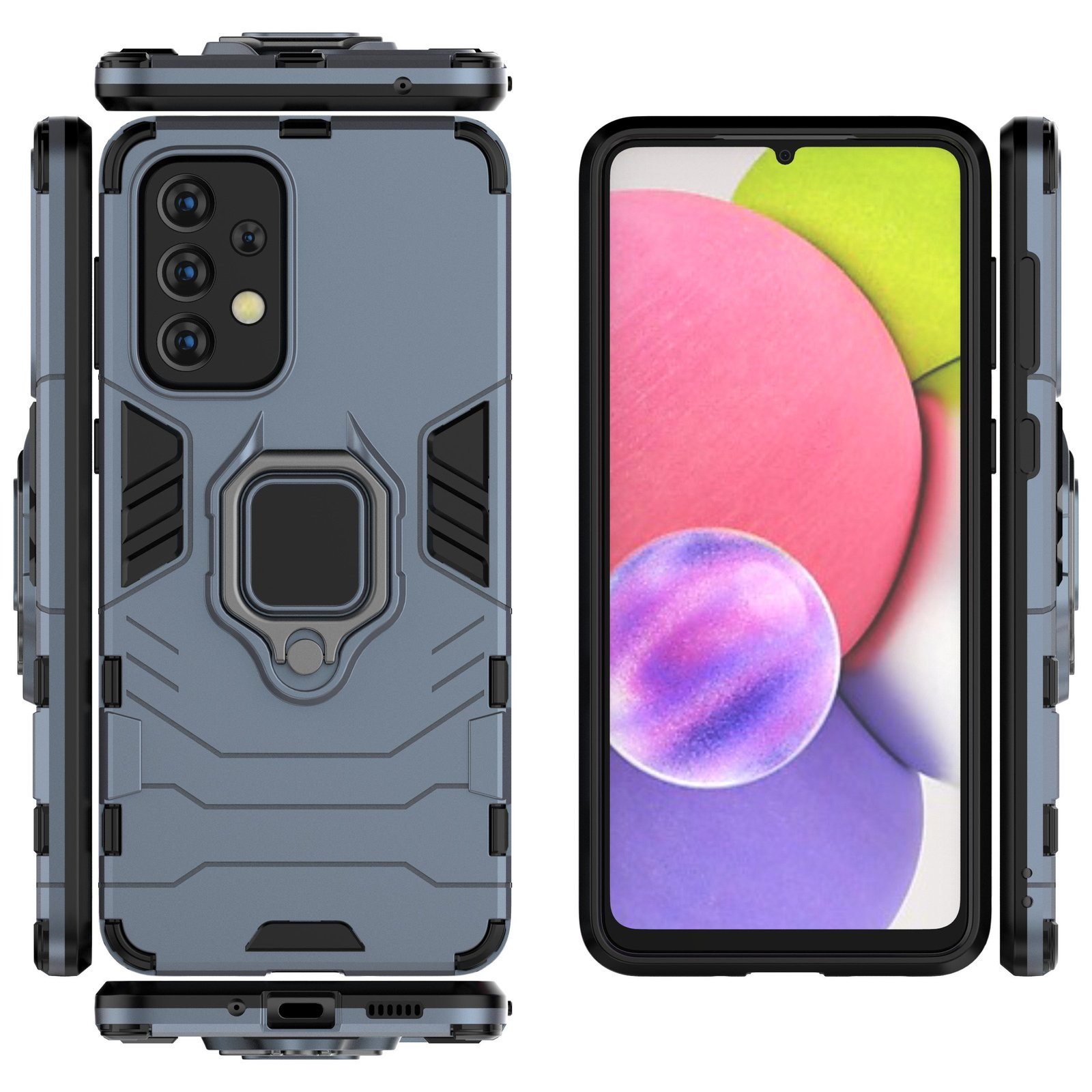 Funda azul con soporte de anillo y pantalla del teléfono.