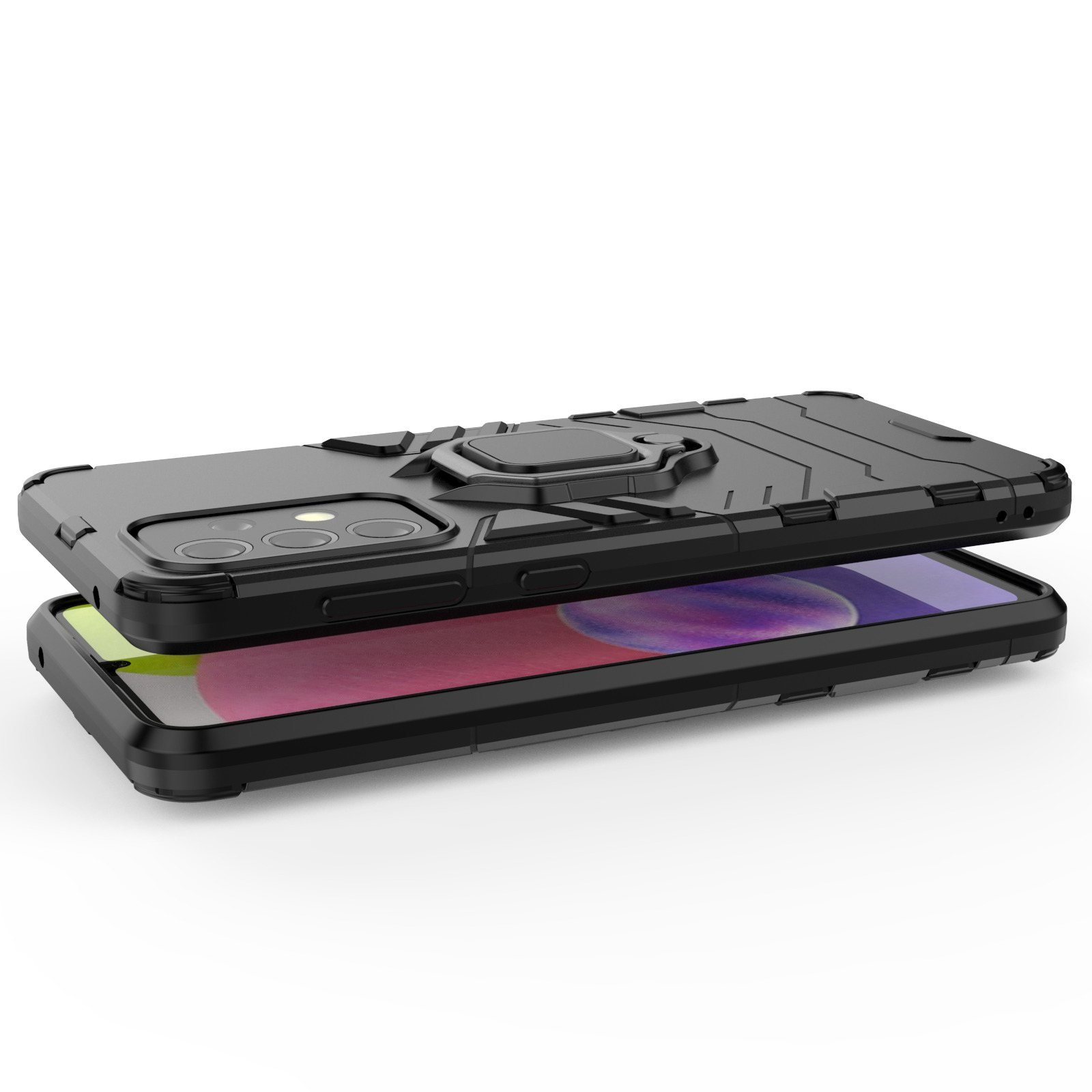 Funda de teléfono negra con soporte de anillo, encima de un teléfono con pantalla roja y rosa.