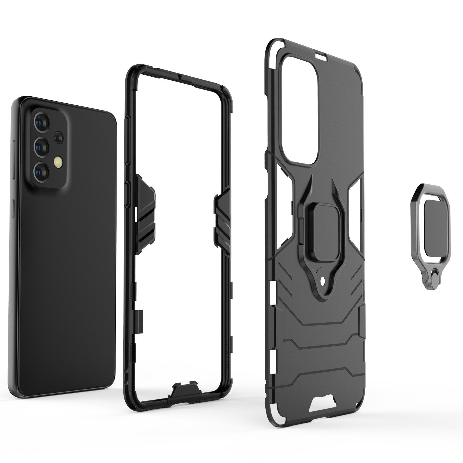 Componentes del teléfono: un teléfono, un marco, una funda y un anillo. El teléfono es negro.
