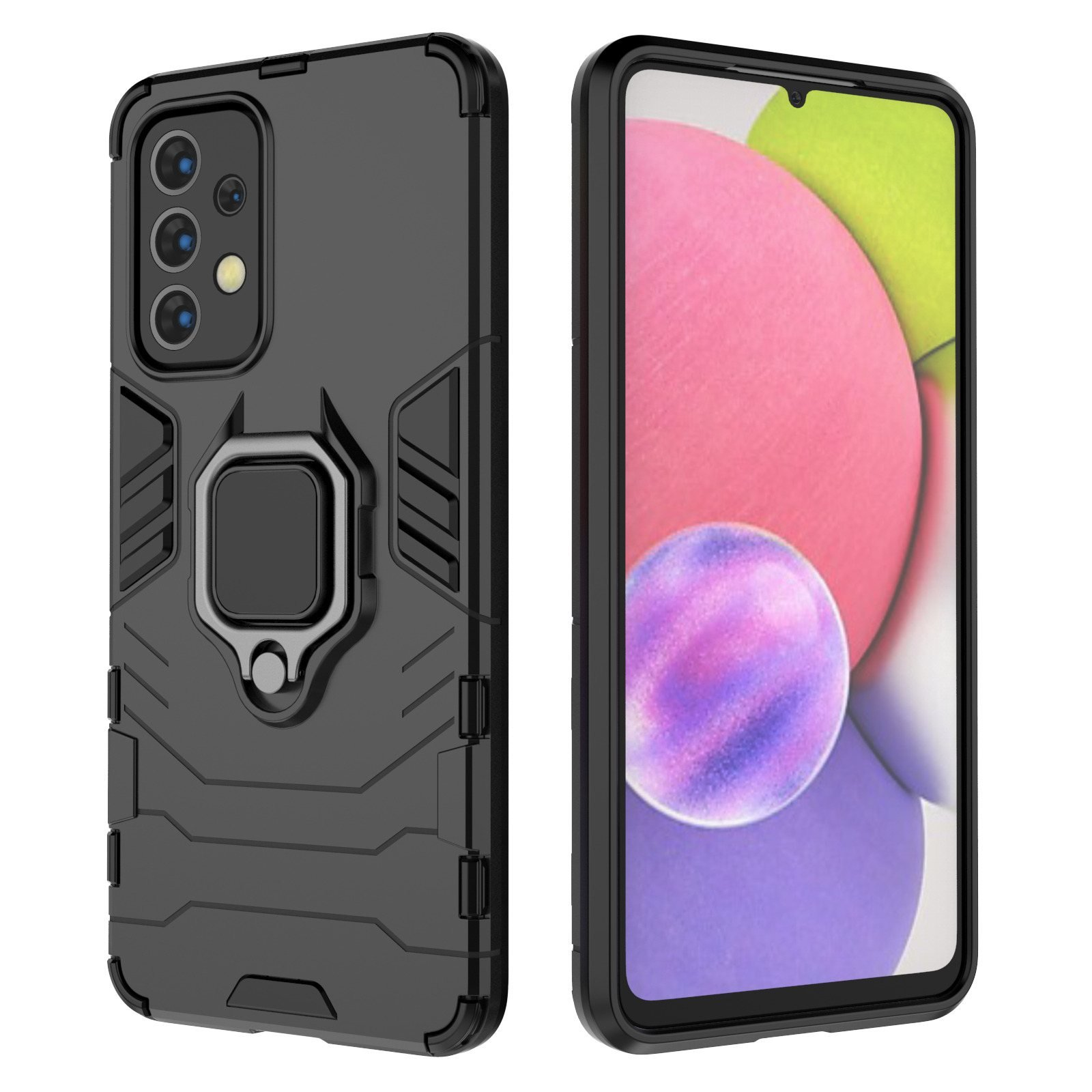 Funda negra para teléfono con soporte de anillo y teléfono con pantalla mostrando iconos.