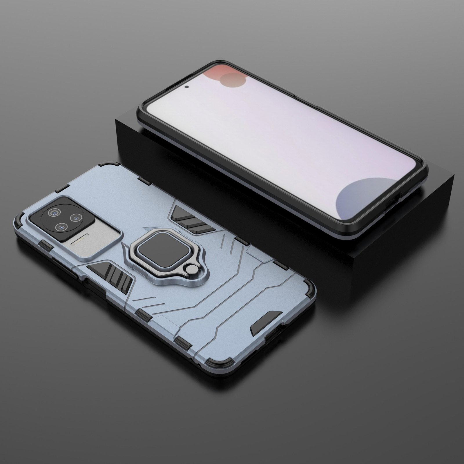 Funda azul con soporte de anillo, pantalla del teléfono sobre fondo oscuro, sobre superficie oscura.