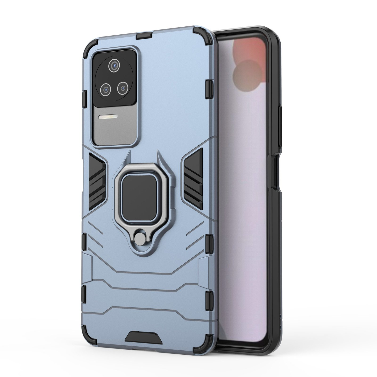 Funda azul claro con área de cámara, soporte de anillo, teléfono con pantalla.