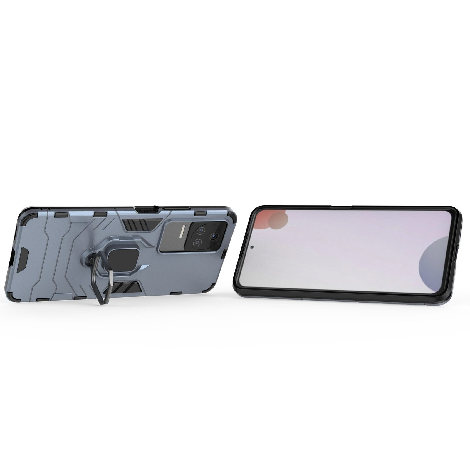 Funda y teléfono. El teléfono está de lado con soporte de anillo.