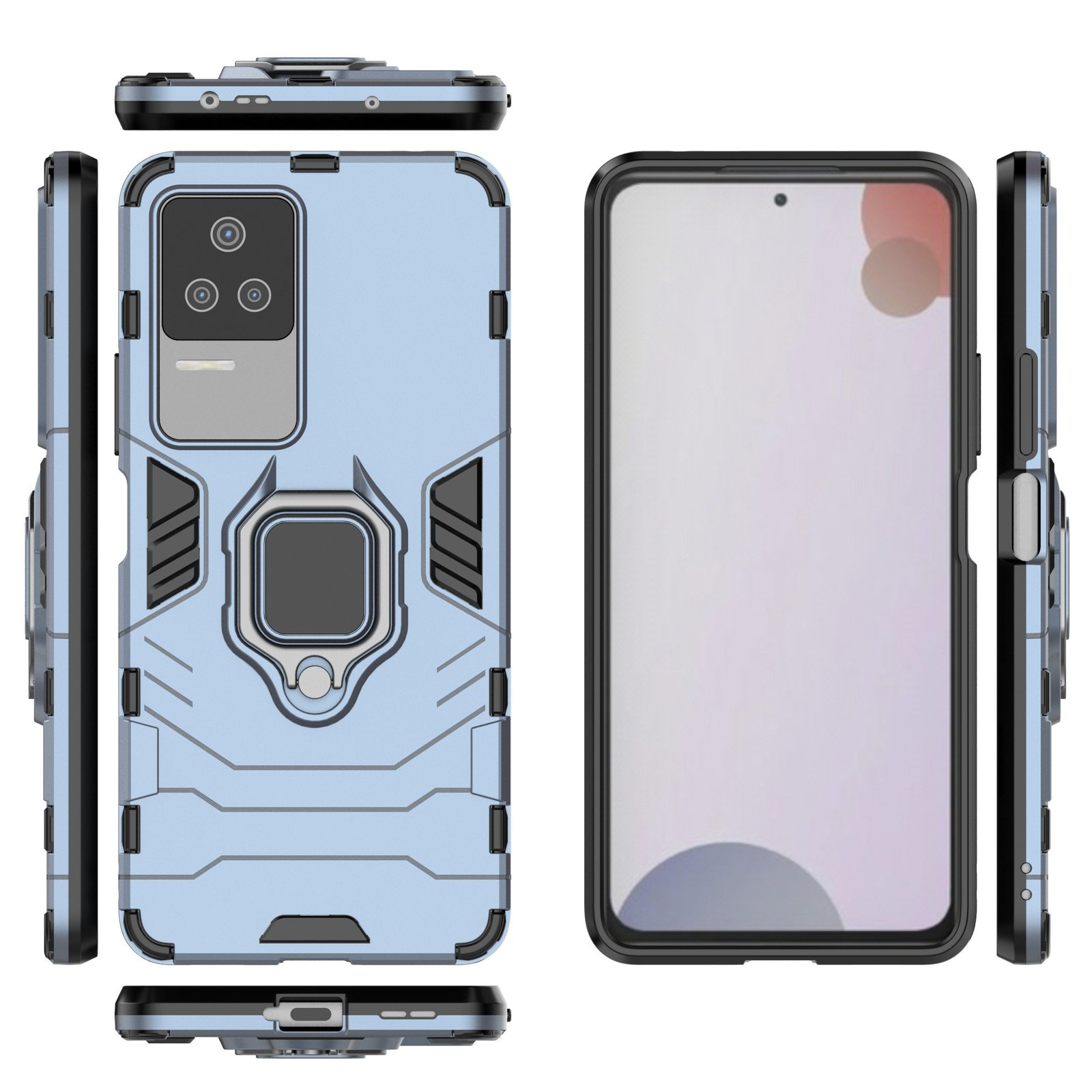 Funda azul claro con soporte de anillo, múltiples vistas. Fondo blanco.
