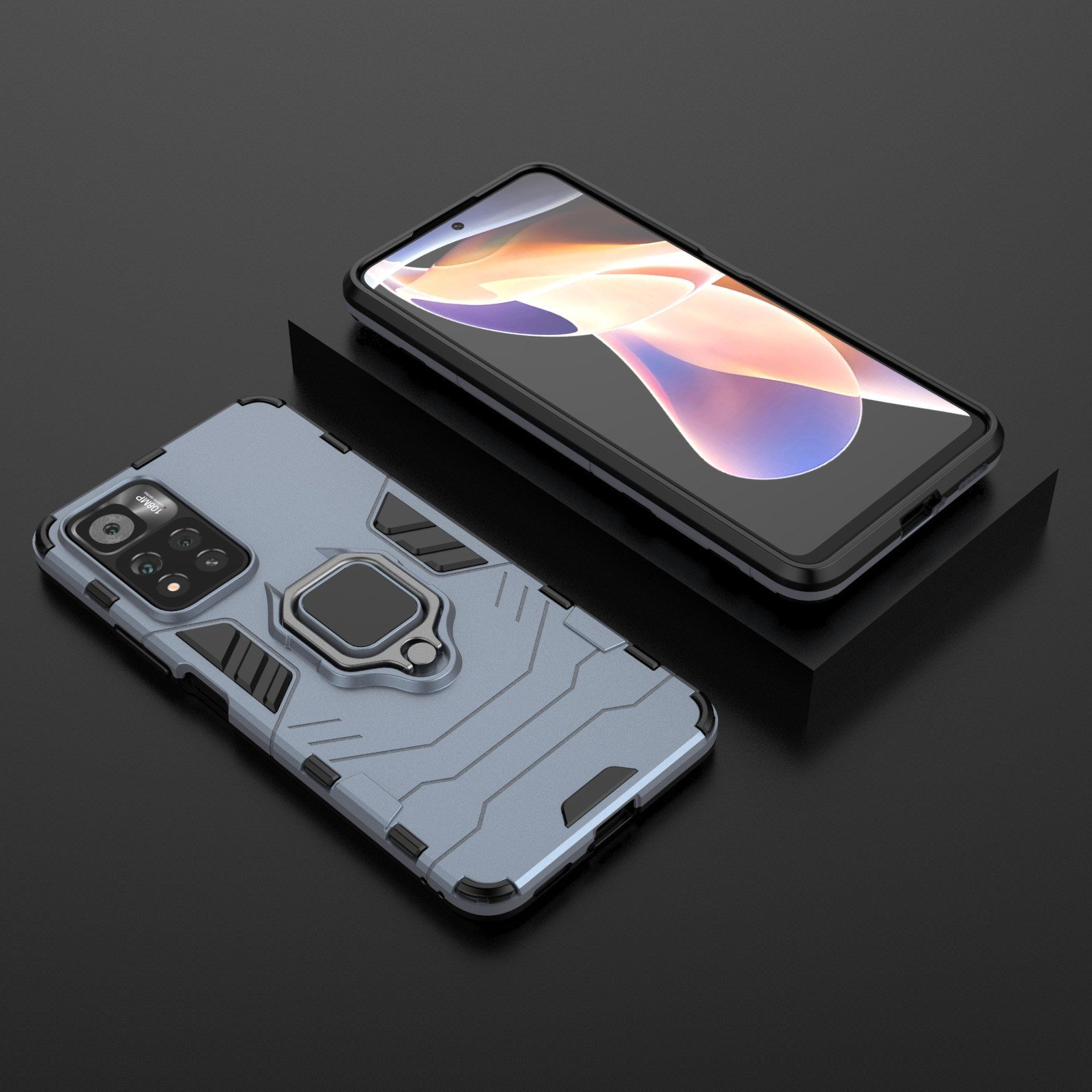 Dos fundas de teléfono. Una con soporte de anillo, otra con pantalla de teléfono.