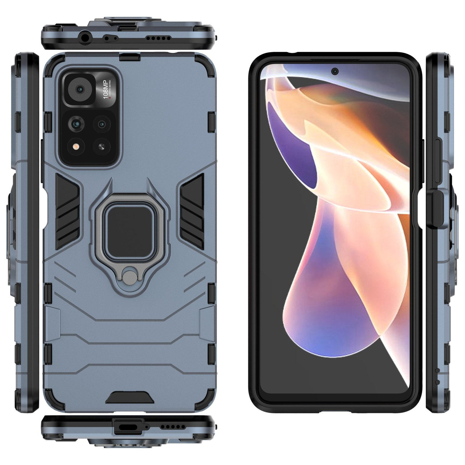Funda de teléfono con teléfono. Funda azul-gris con soporte de anillo. Teléfono con pantalla colorida. Visto desde múltiples ángulos.
