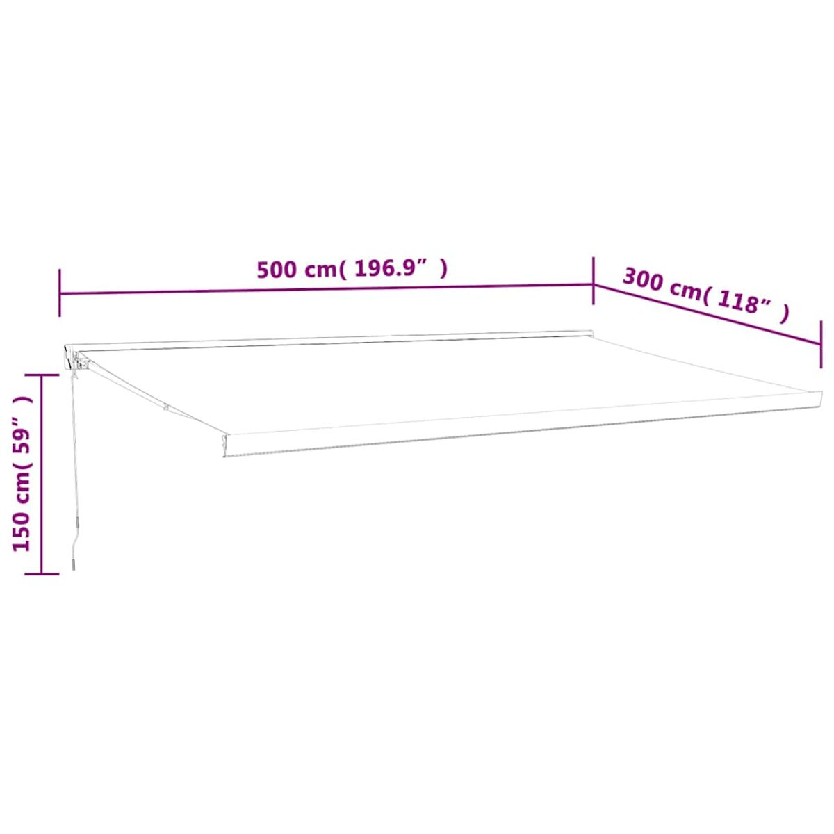 Draufsicht auf eine weiße Markise mit den Maßen: 500 cm lang, 300 cm breit und 150 cm tief.