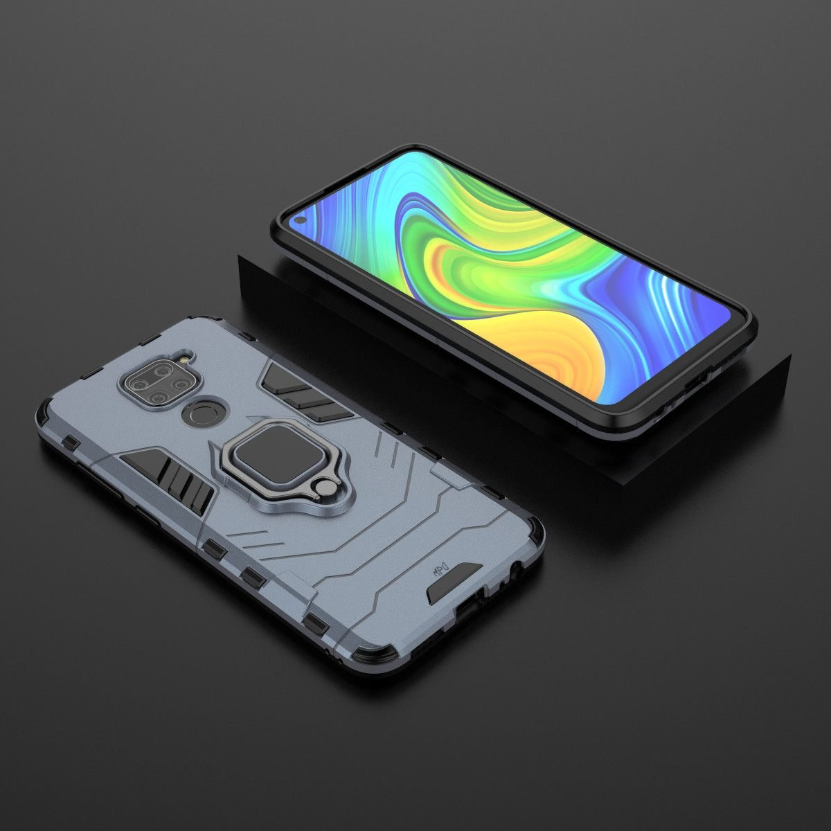 Teléfono con funda gris y soporte de anillo. Pantalla del teléfono. Fondo negro.