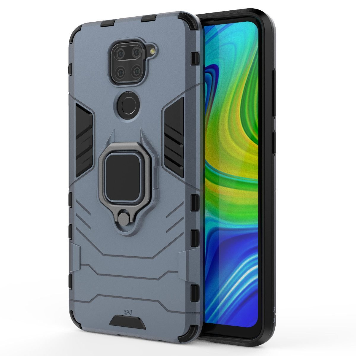 Teléfono con funda gris. La funda tiene soporte de anillo. El teléfono está en la funda.