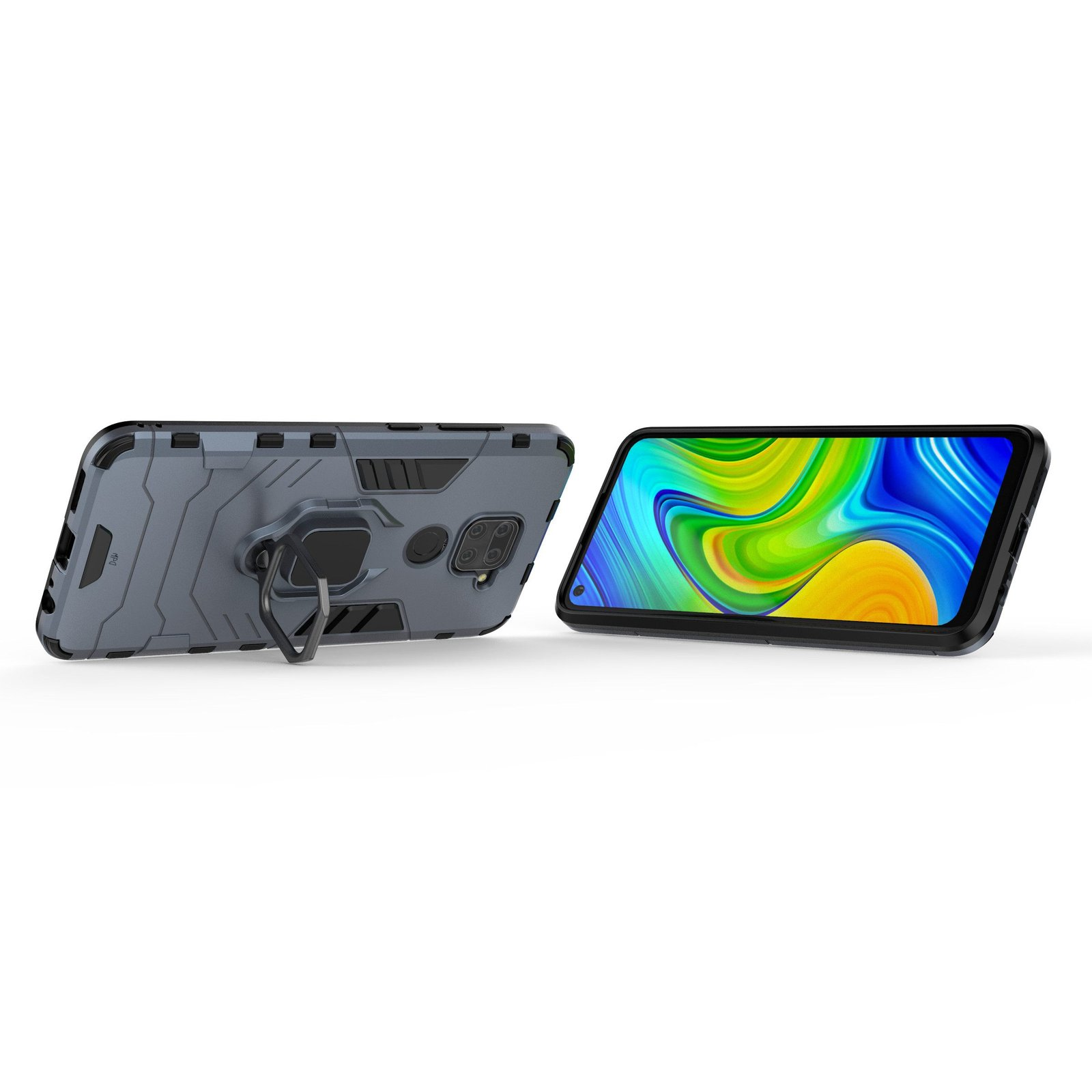 Funda gris para teléfono con soporte de anillo, pantalla del teléfono con fondo colorido sobre una superficie blanca.