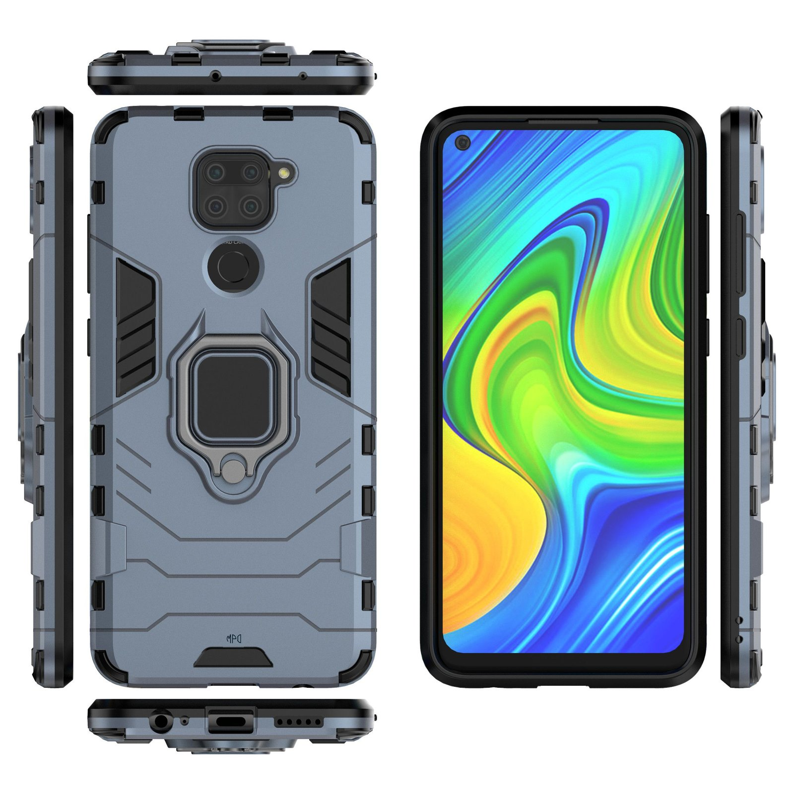 Funda de teléfono gris con soporte de anillo y teléfono. El teléfono muestra la pantalla. Vistas laterales, superior y frontal.