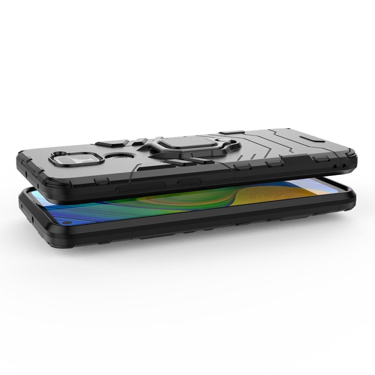 Funda negra con soporte de anillo en un teléfono. En superficie negra. Vista de cerca.