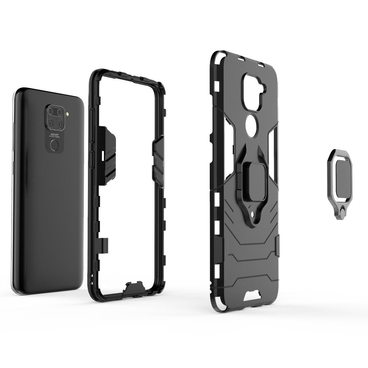 Piezas de teléfono: cuerpo, funda y soporte de anillo.