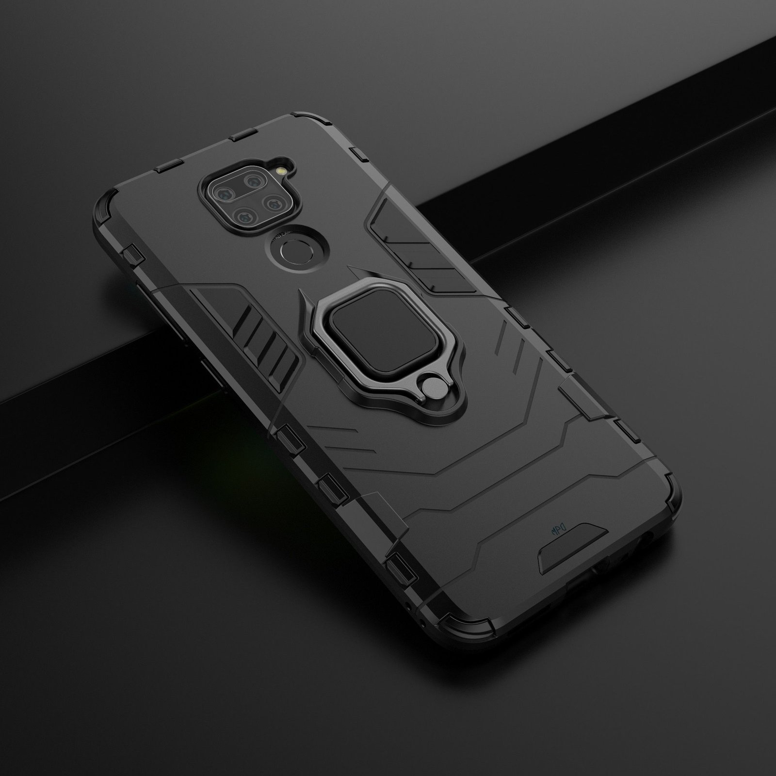 Funda de teléfono negra con soporte de anillo.