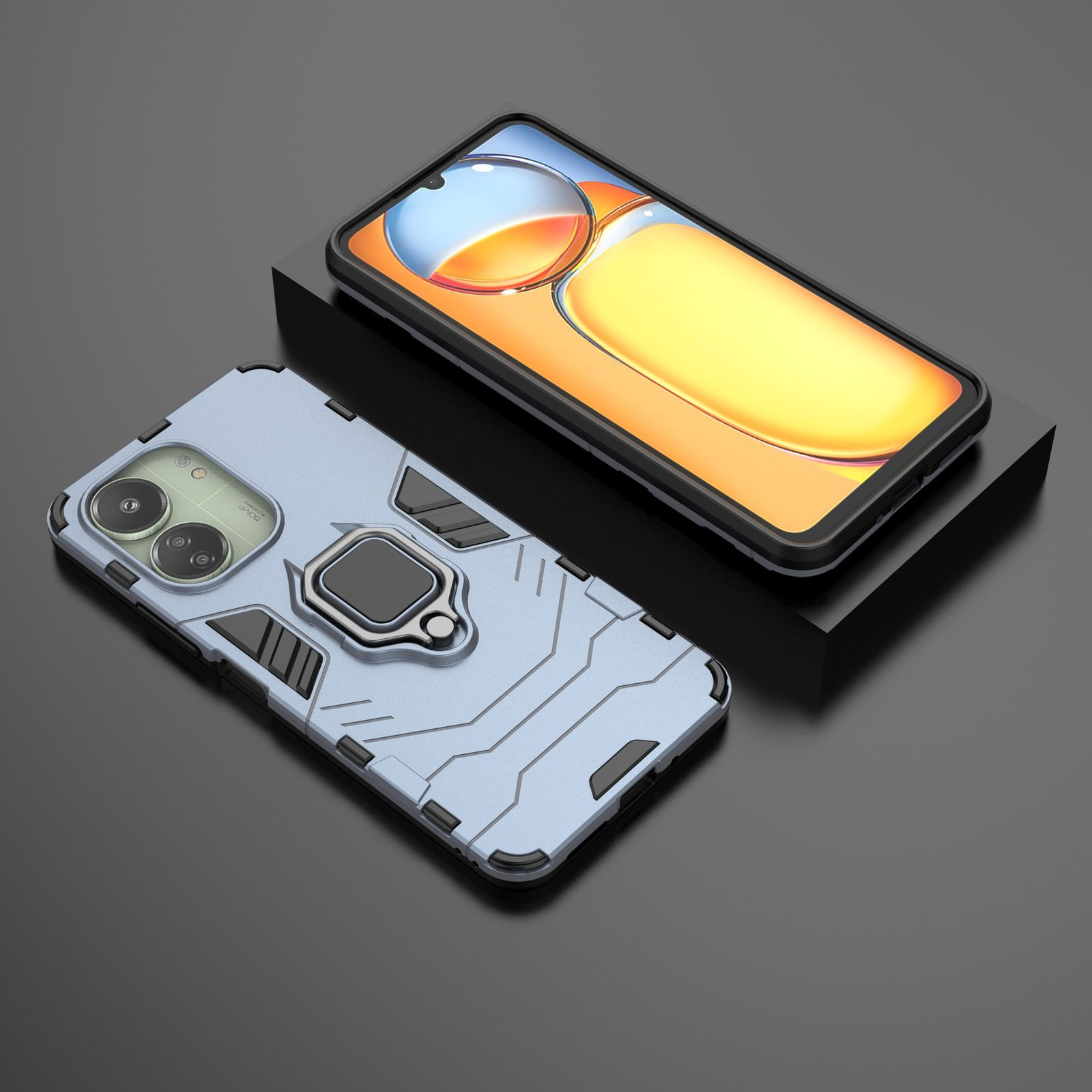 Dos teléfonos con fundas. Una funda azul claro, otra con pantalla naranja. Fondo negro.