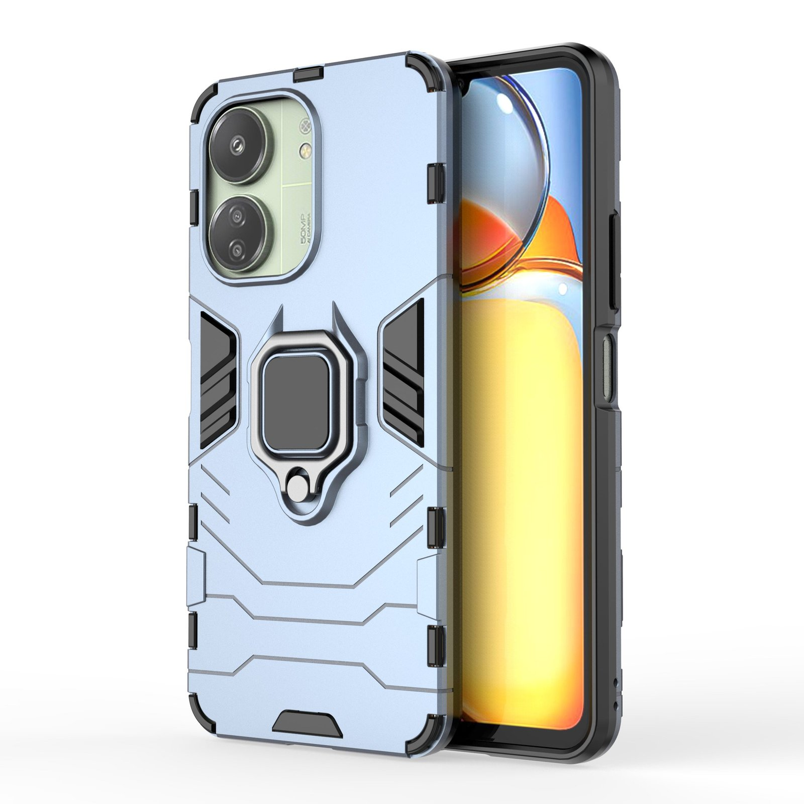 Funda de teléfono azul claro con soporte para anillo. Tiene un marco negro. Teléfono negro en el fondo.