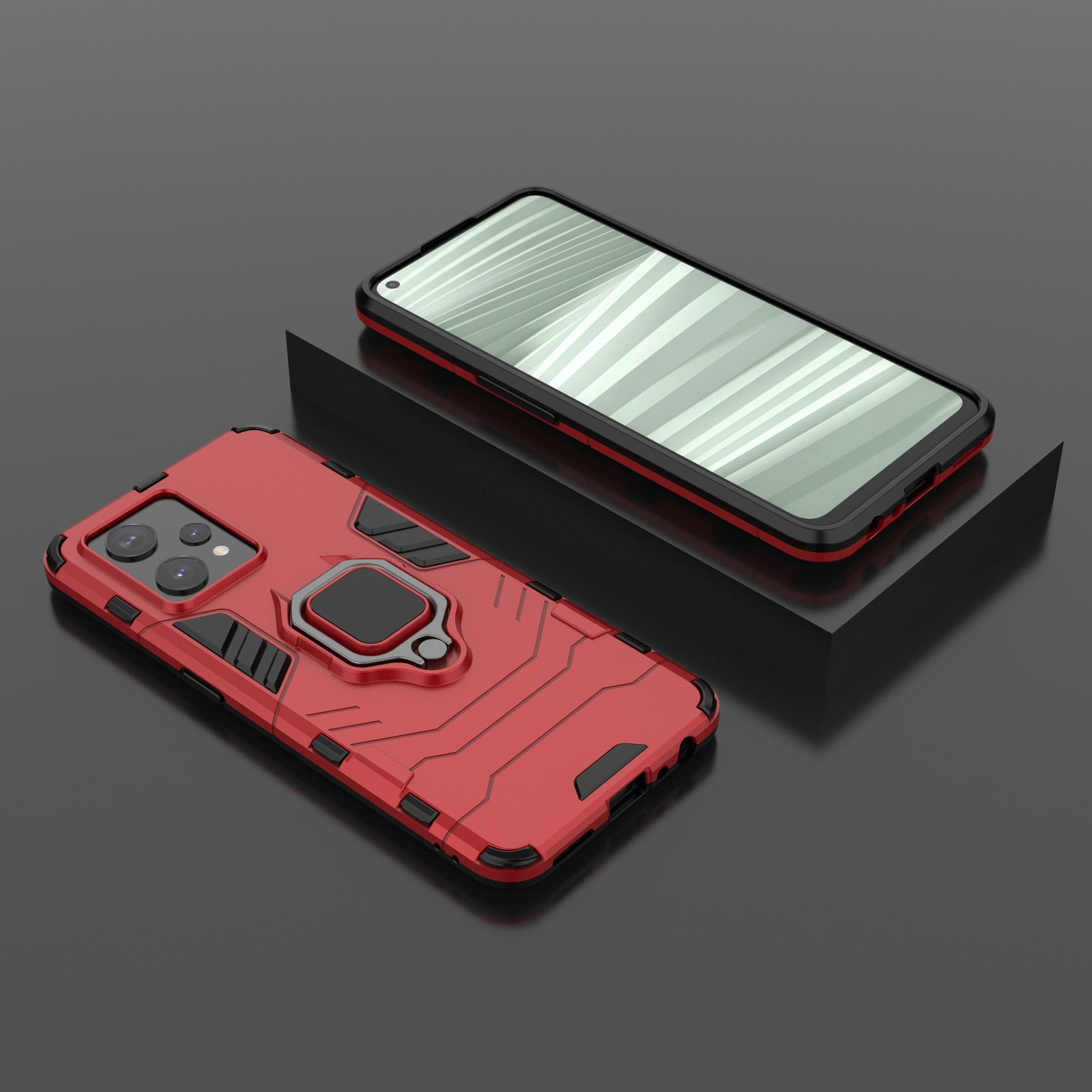 Funda roja con soporte de anillo. Pantalla del teléfono. Fondo negro.