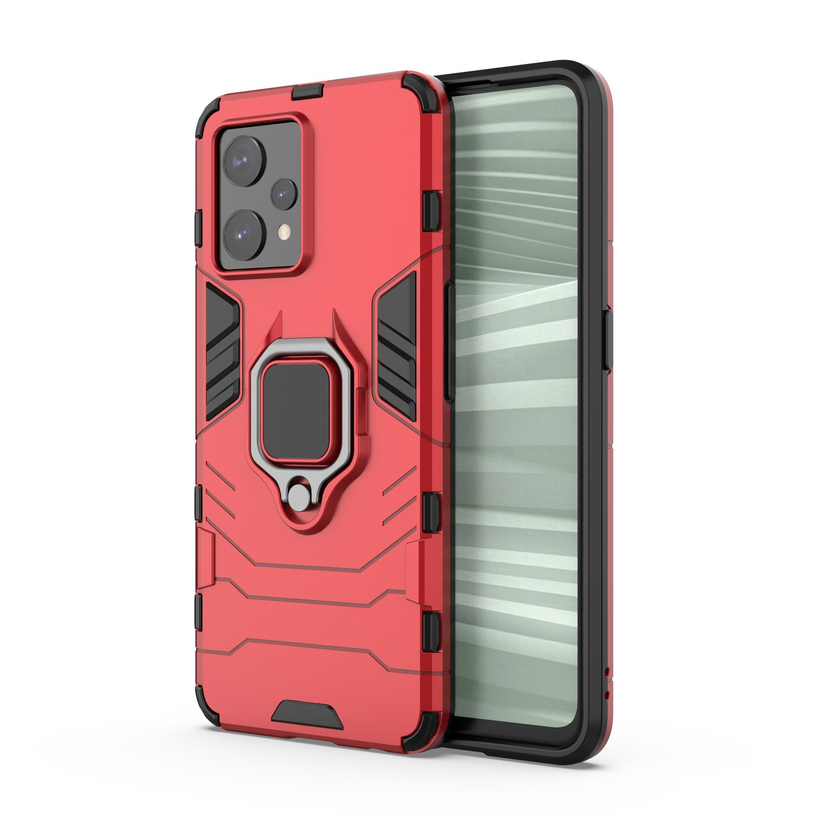 Funda roja con soporte de anillo, protegiendo un teléfono con cámaras duales.