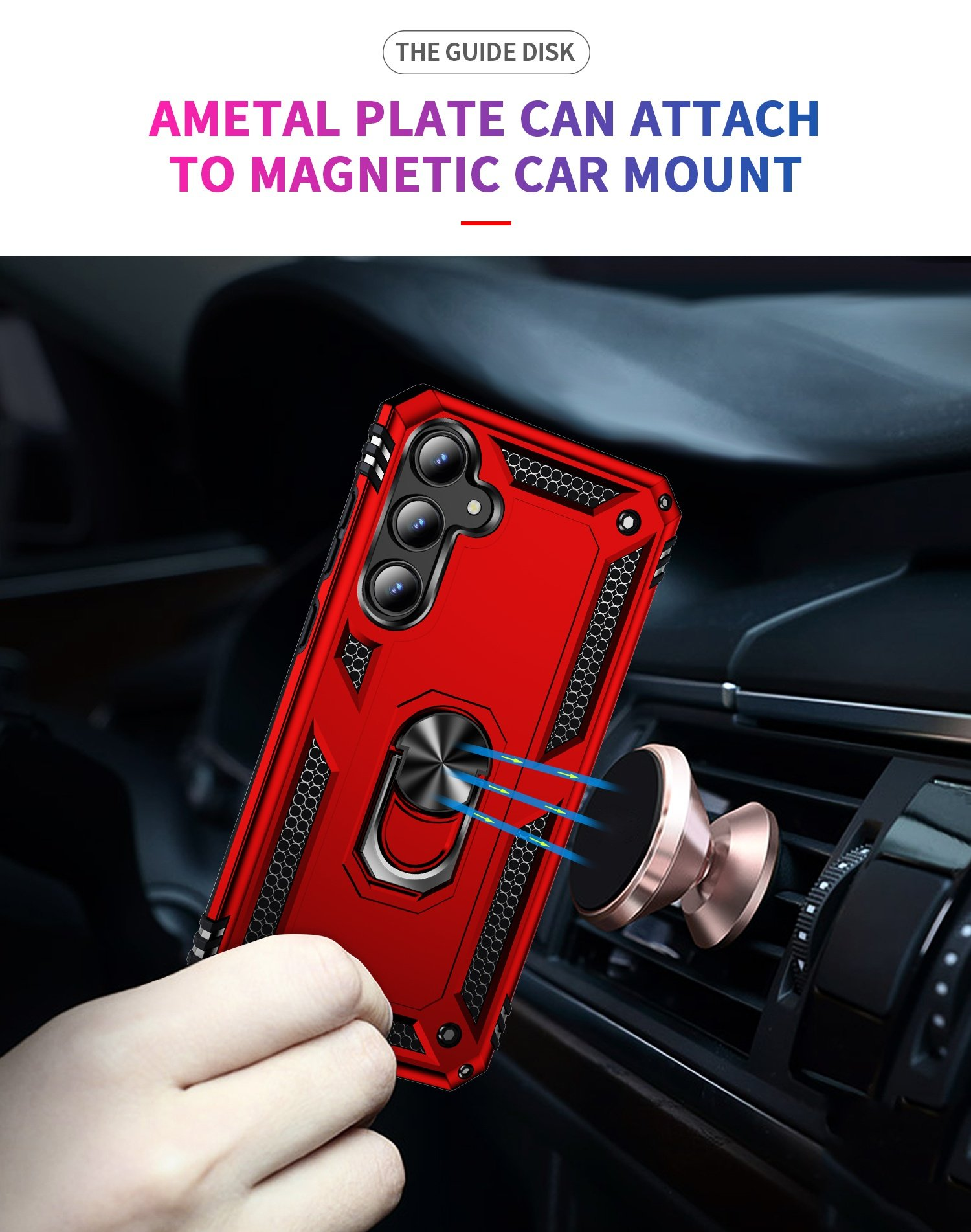 Funda roja para teléfono con soporte de anillo sujeta a un soporte para automóvil.