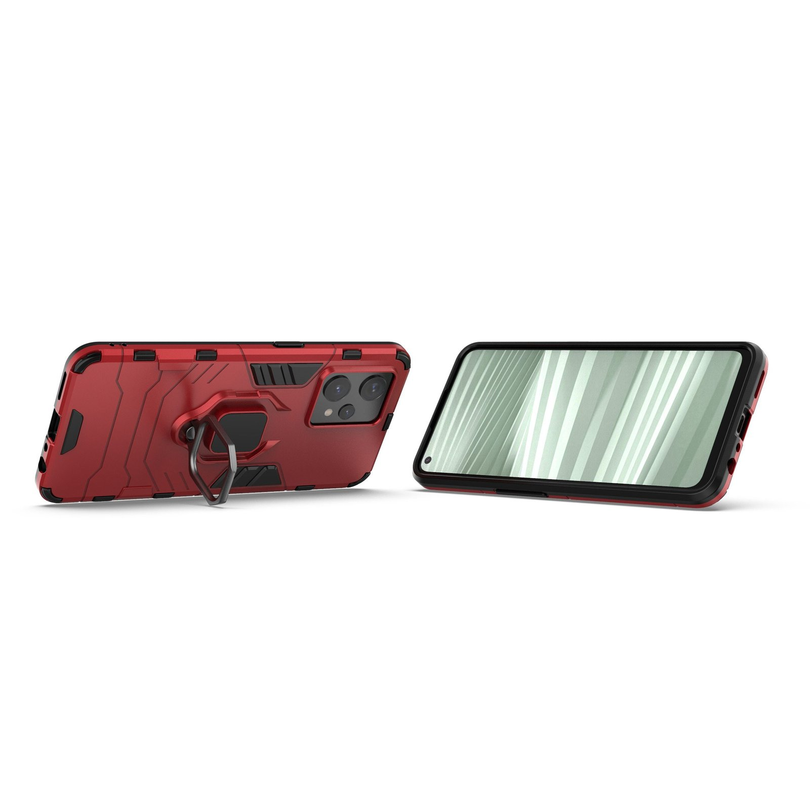 Funda roja y teléfono. El teléfono muestra la pantalla. La funda tiene soporte de anillo. Fondo blanco.