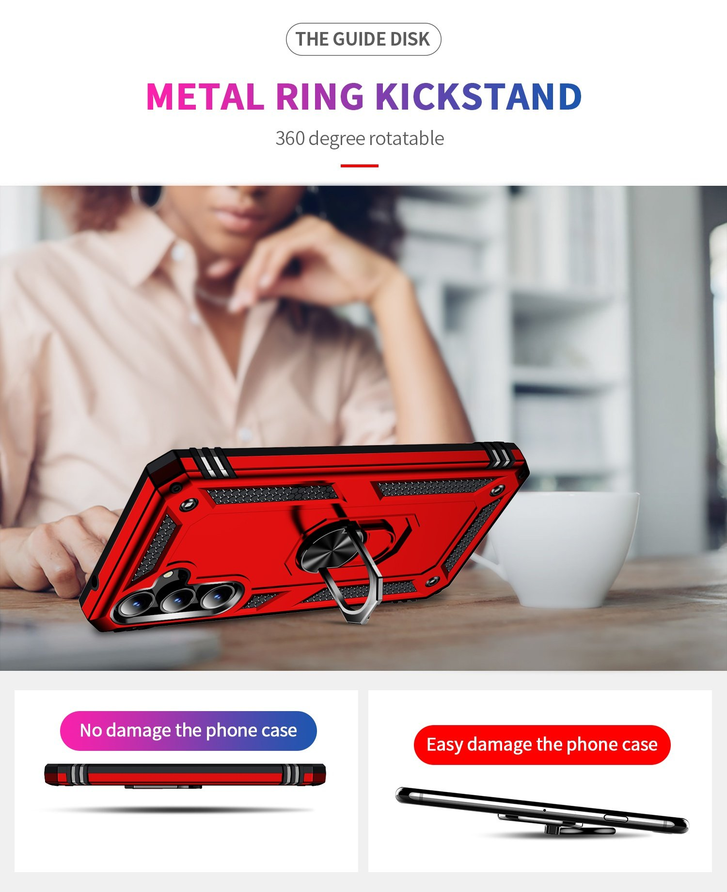 Funda roja para teléfono con anillo. Texto: 'Soporte de anillo de metal giratorio 360 grados'.