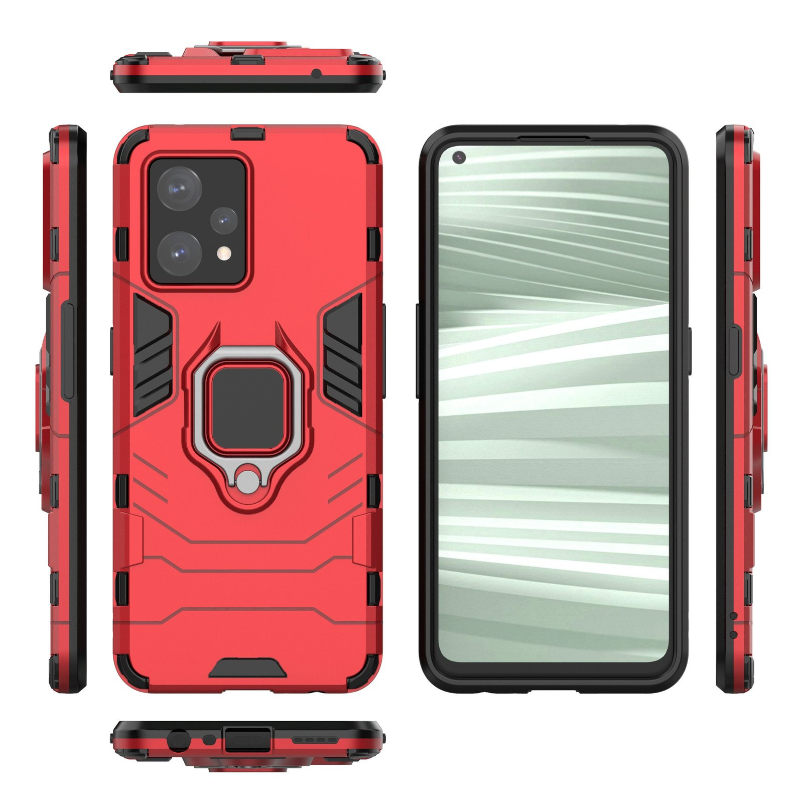 Funda roja para teléfono con cámara y soporte de anillo, junto al teléfono. Fondo blanco.