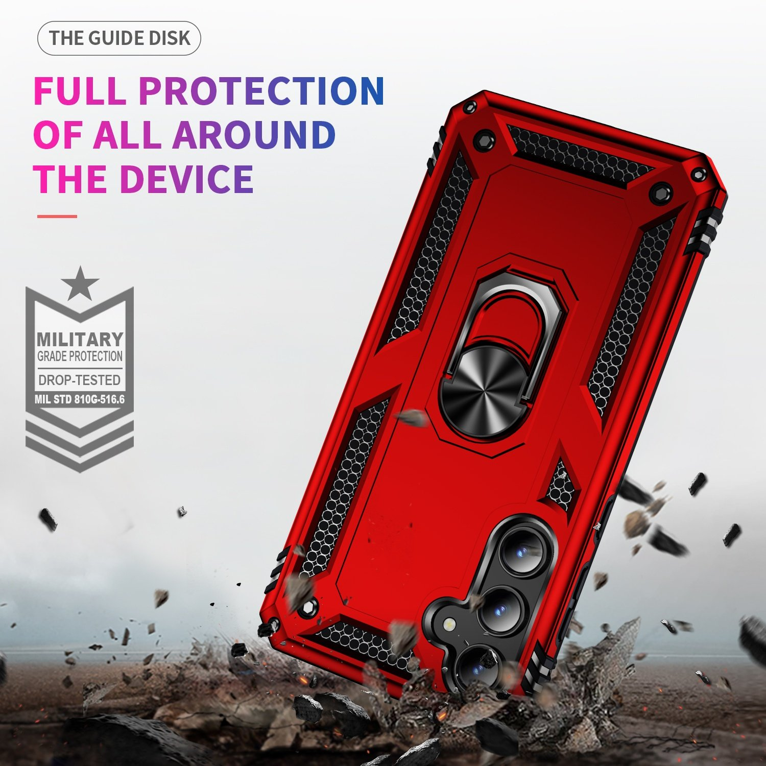 Una funda roja para teléfono. La funda tiene un anillo de metal y un diseño que muestra protección.