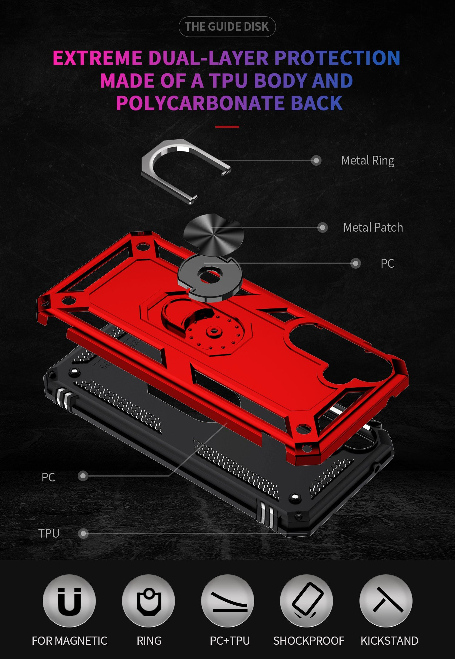 Diagrama de una funda de teléfono con capas. Texto: Protección extrema de doble capa hecha de TPU y policarbonato.