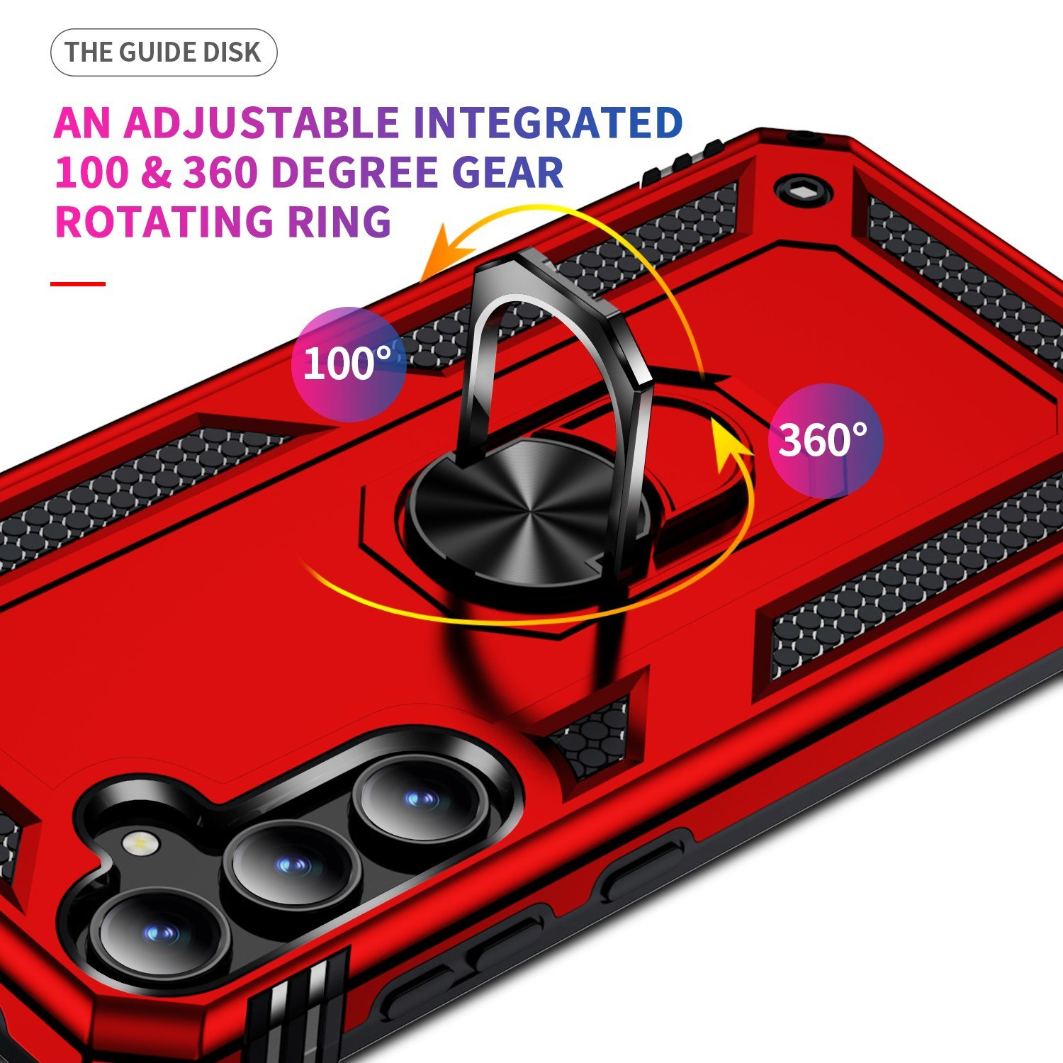 Funda roja para teléfono con anillo giratorio de 100 y 360 grados. Texto: Un engranaje integrado ajustable.