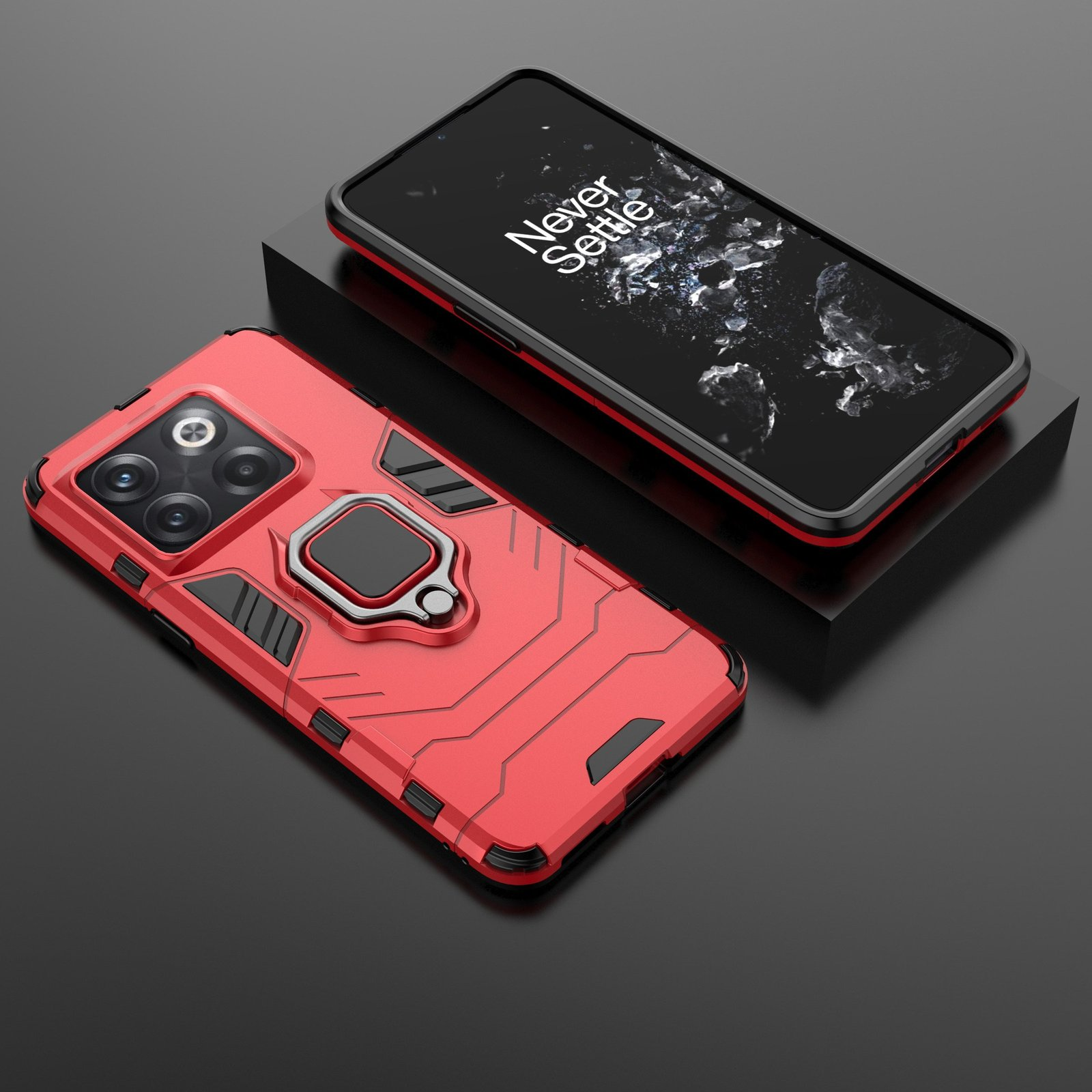 Funda roja para teléfono con soporte de anillo sobre superficie negra, un teléfono encima.
