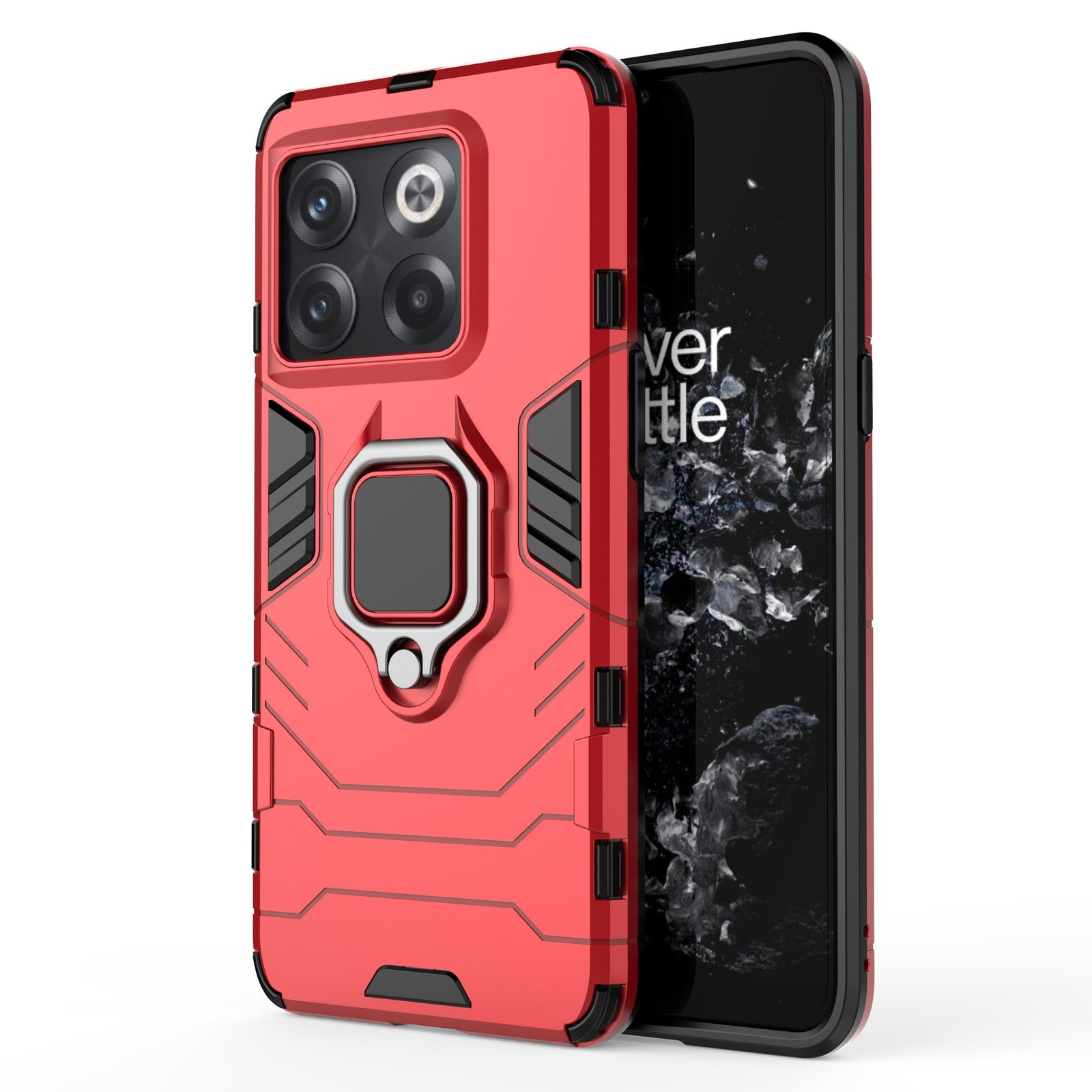Funda roja con soporte de anillo y teléfono con 'Never Settle' en pantalla, sobre fondo blanco.