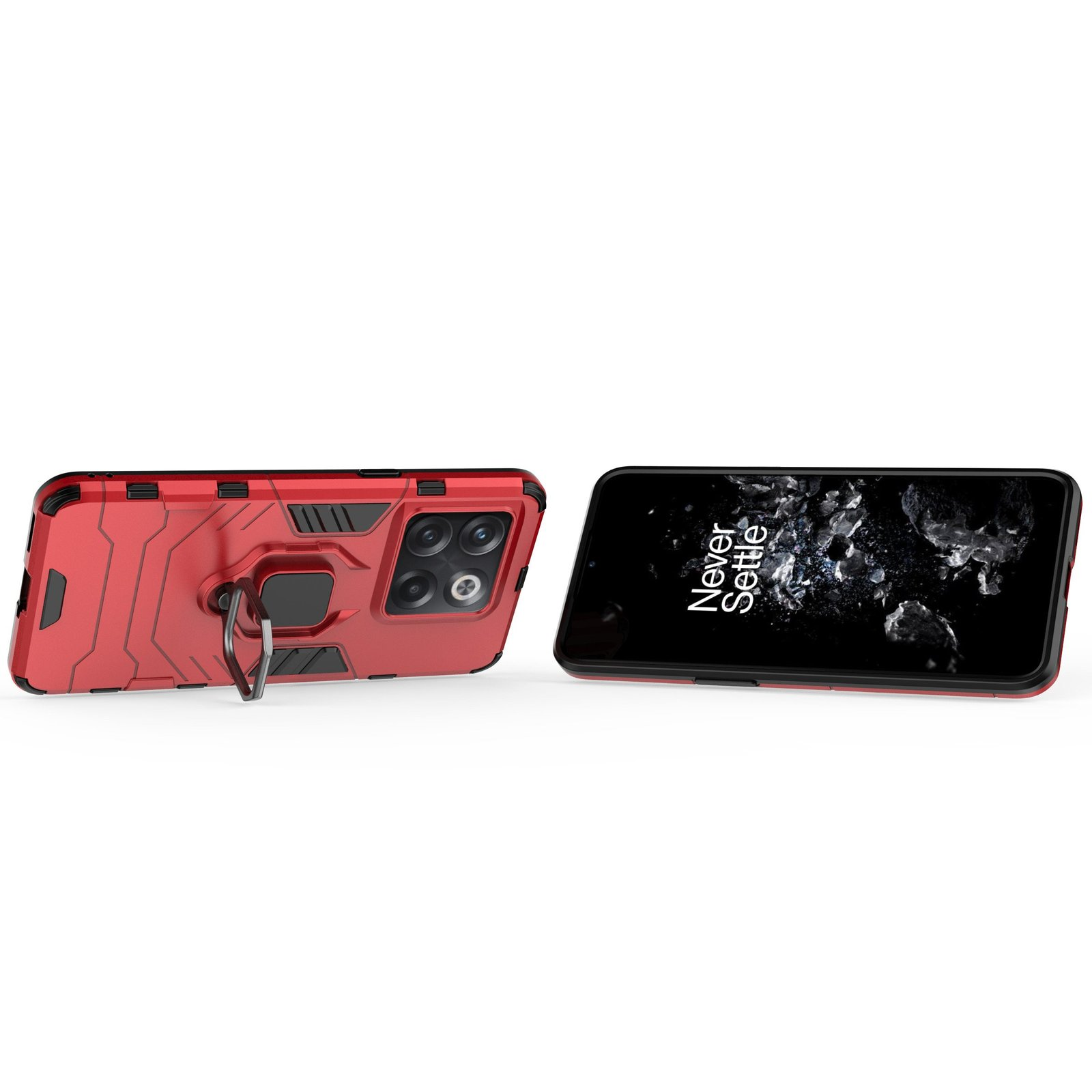 Funda roja con soporte de anillo y teléfono con pantalla negra.